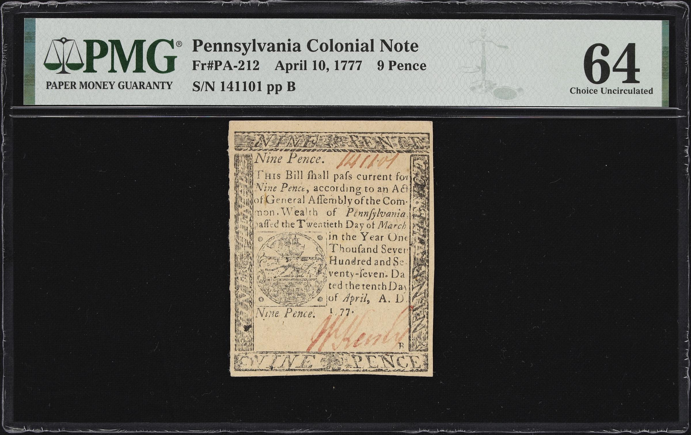 image for: PA-212. Pennsylvania. April 10, 1777. 9 Pence. PMG Choice Uncirculated 64.