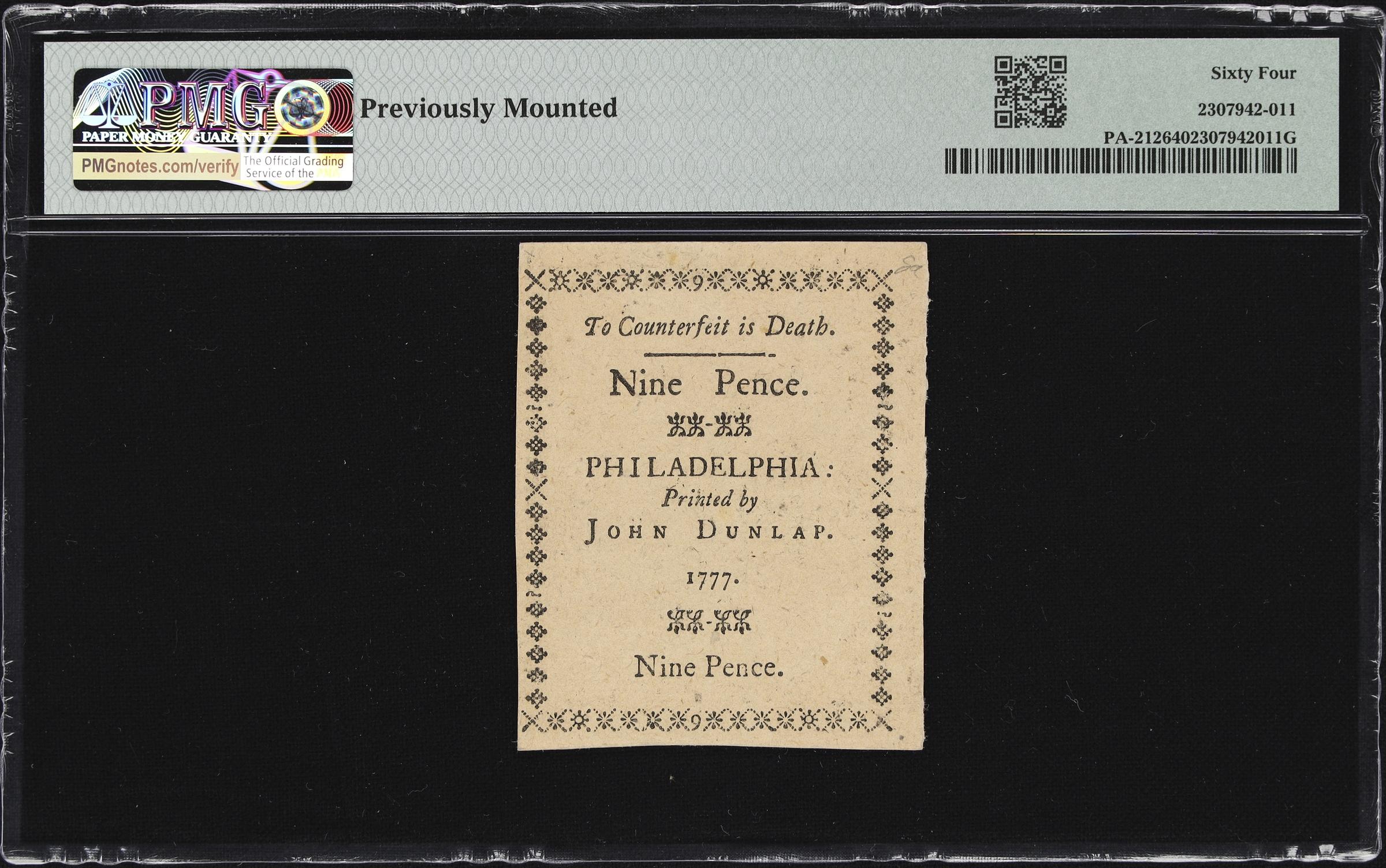 image for: PA-212. Pennsylvania. April 10, 1777. 9 Pence. PMG Choice Uncirculated 64.