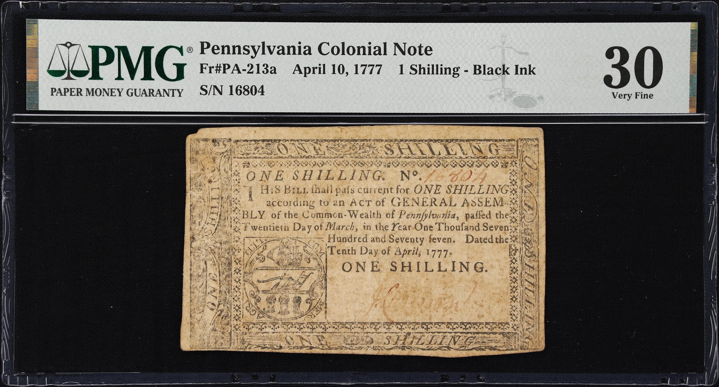 image for: PA-213a. Pennsylvania. April 10, 1777. 1 Shilling. PMG Very Fine 30.