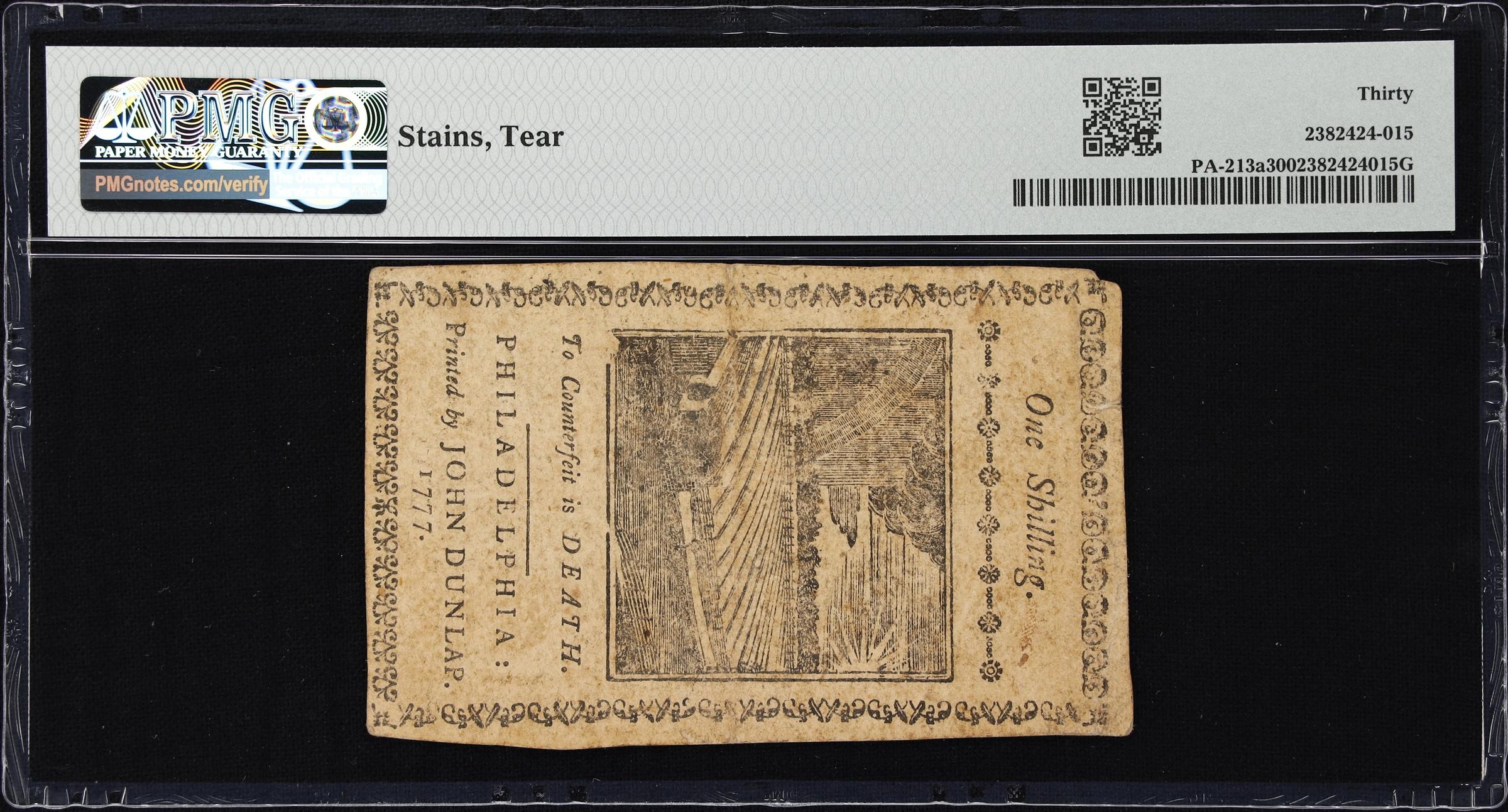 image for: PA-213a. Pennsylvania. April 10, 1777. 1 Shilling. PMG Very Fine 30.