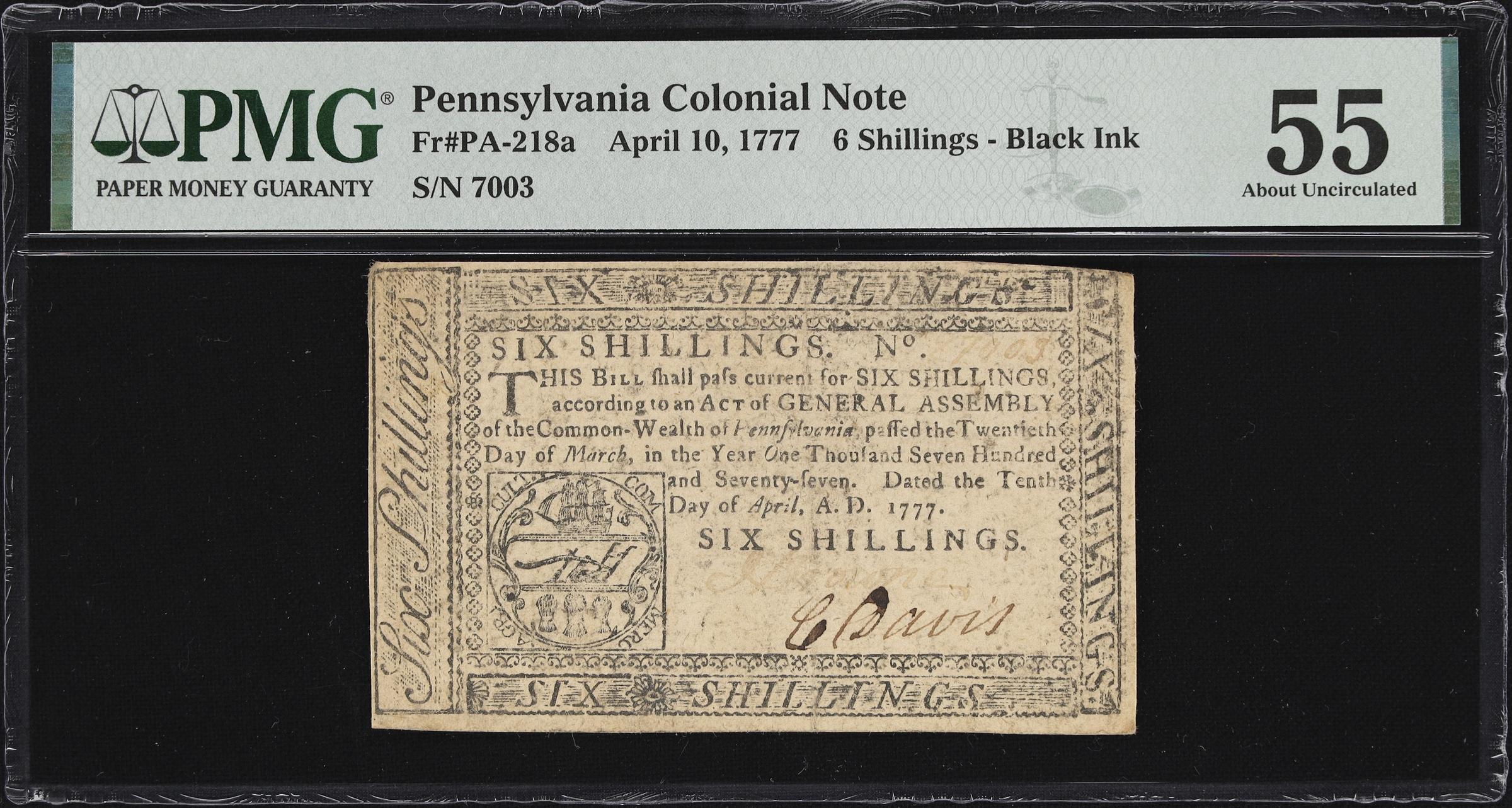 image for: PA-218a. Pennsylvania. April 10, 1777. 6 Shillings. PMG About Uncirculated 55.