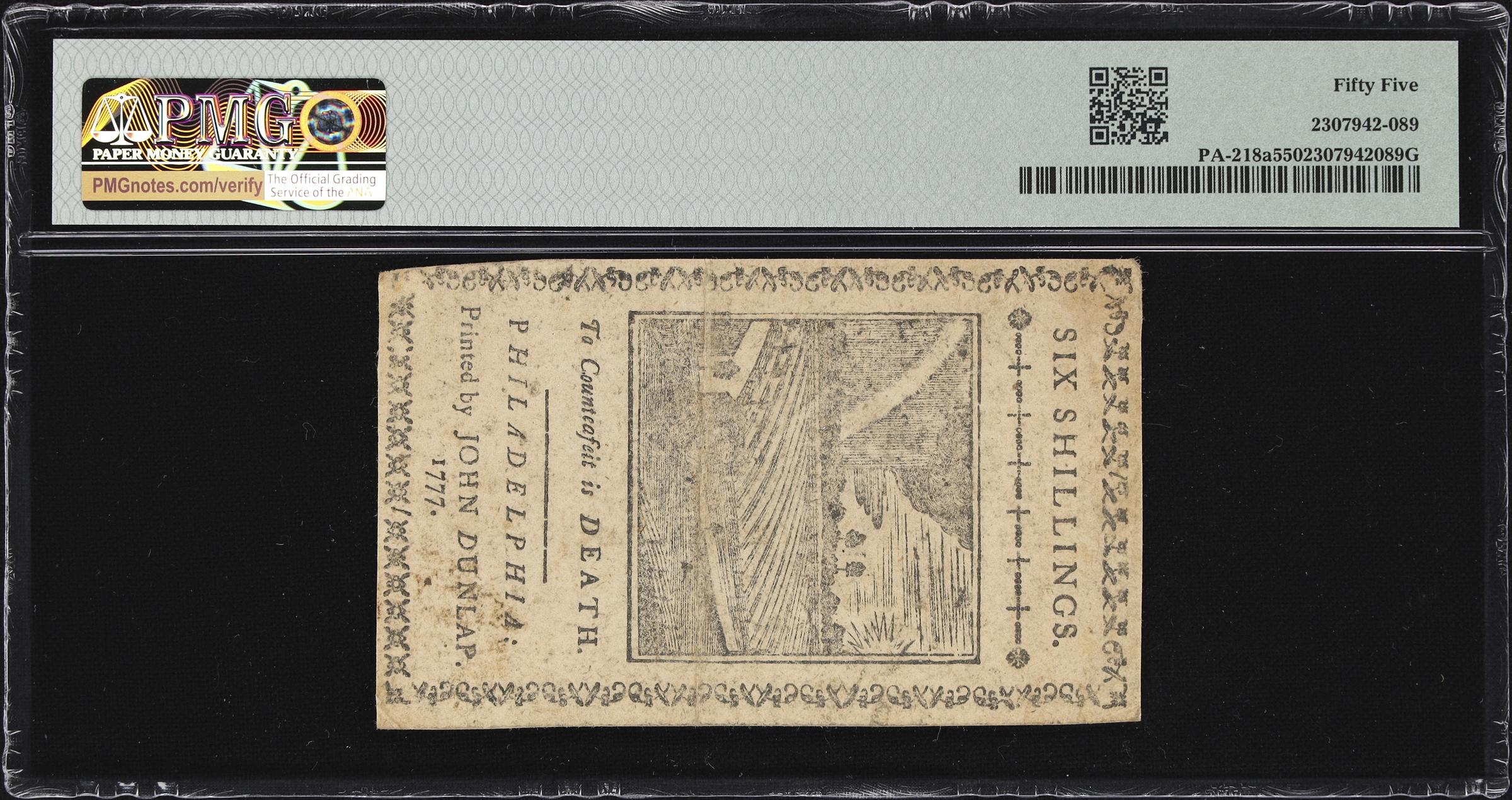 image for: PA-218a. Pennsylvania. April 10, 1777. 6 Shillings. PMG About Uncirculated 55.