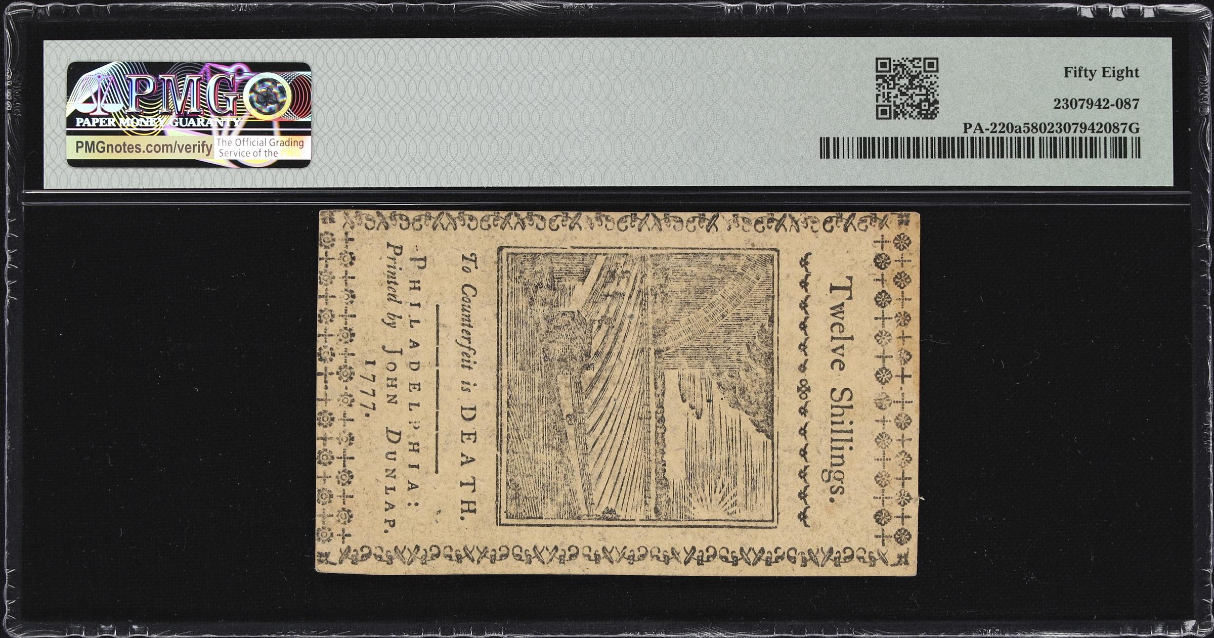 image for: PA-220a. Pennsylvania. April 10, 1777. 12 Shillings. PMG Choice About Uncirculated 58.