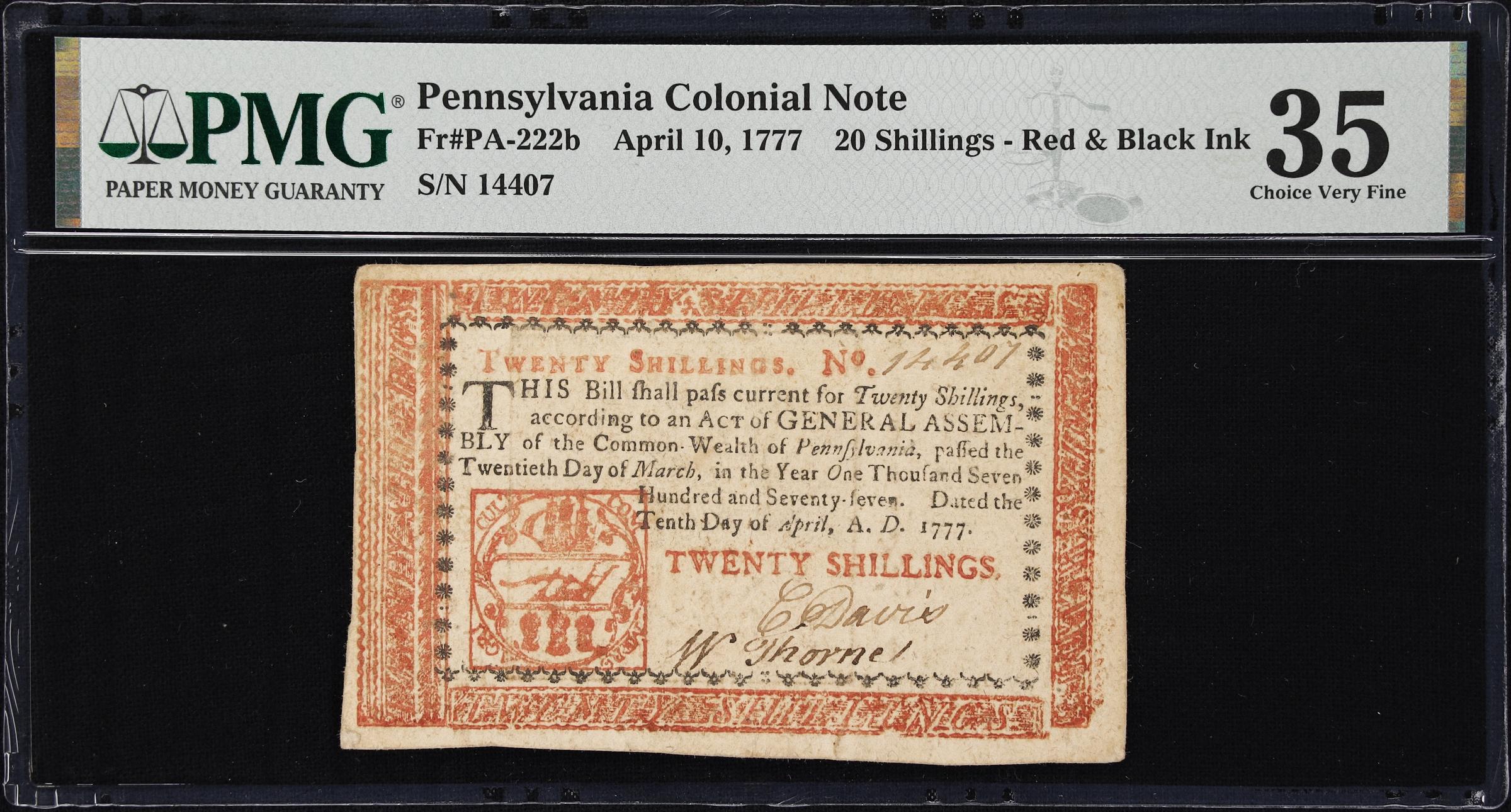 image for: PA-222b. Pennsylvania. April 10, 1777. 20 Shillings. PMG Choice Very Fine 35.