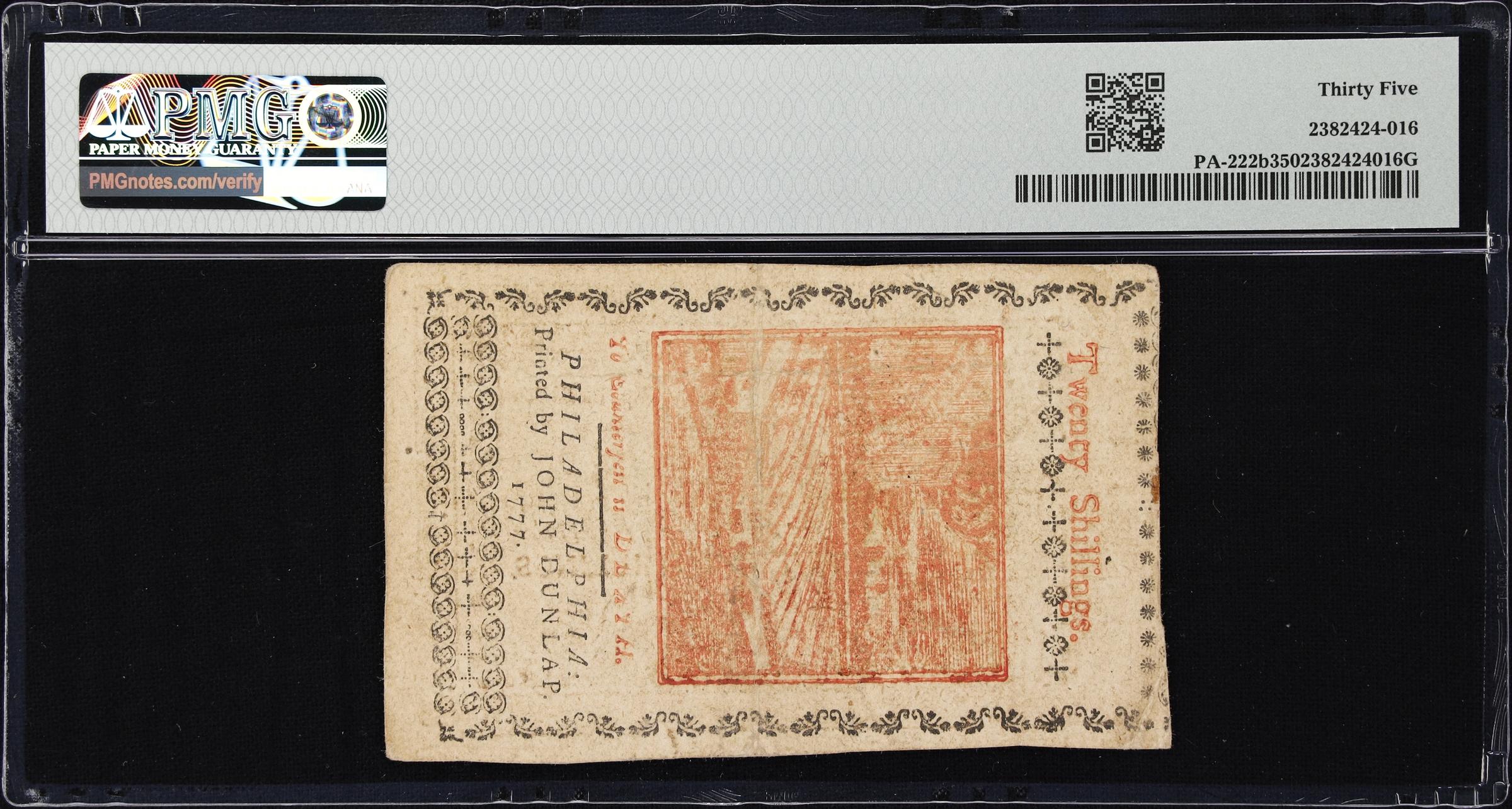 image for: PA-222b. Pennsylvania. April 10, 1777. 20 Shillings. PMG Choice Very Fine 35.