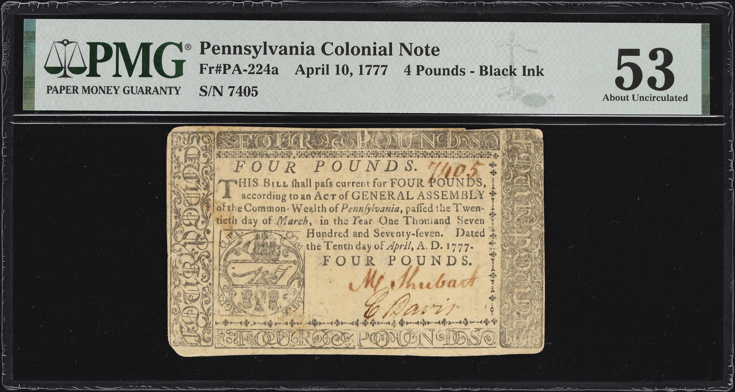 image for: PA-224a. Pennsylvania. April 10, 1777. 4 Pounds. PMG About Uncirculated 53.