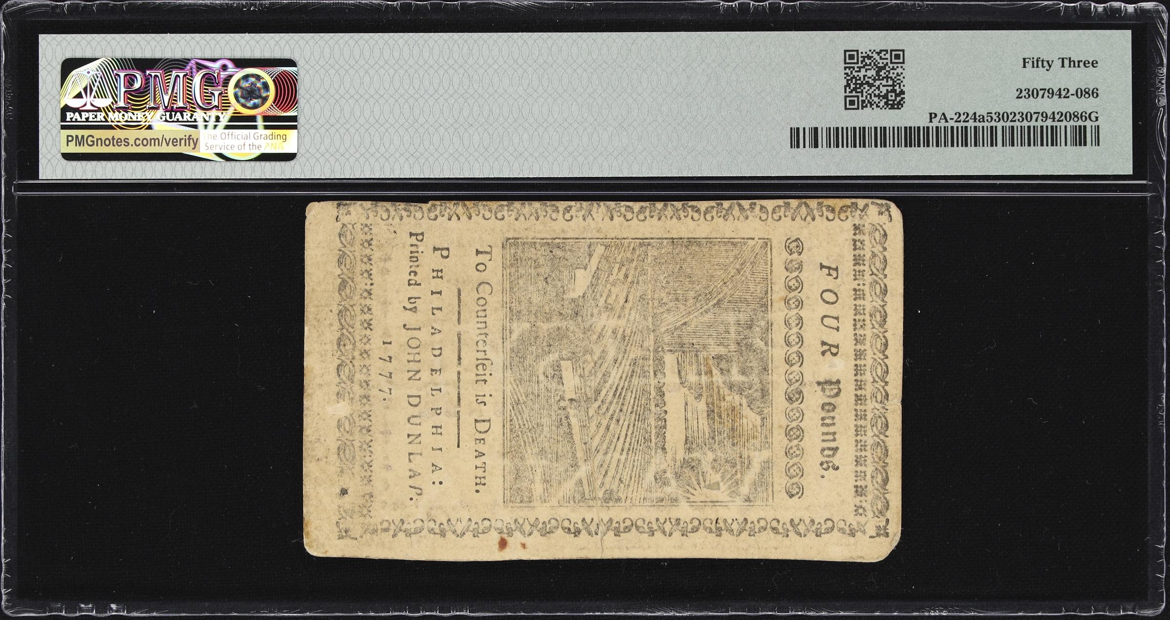 image for: PA-224a. Pennsylvania. April 10, 1777. 4 Pounds. PMG About Uncirculated 53.