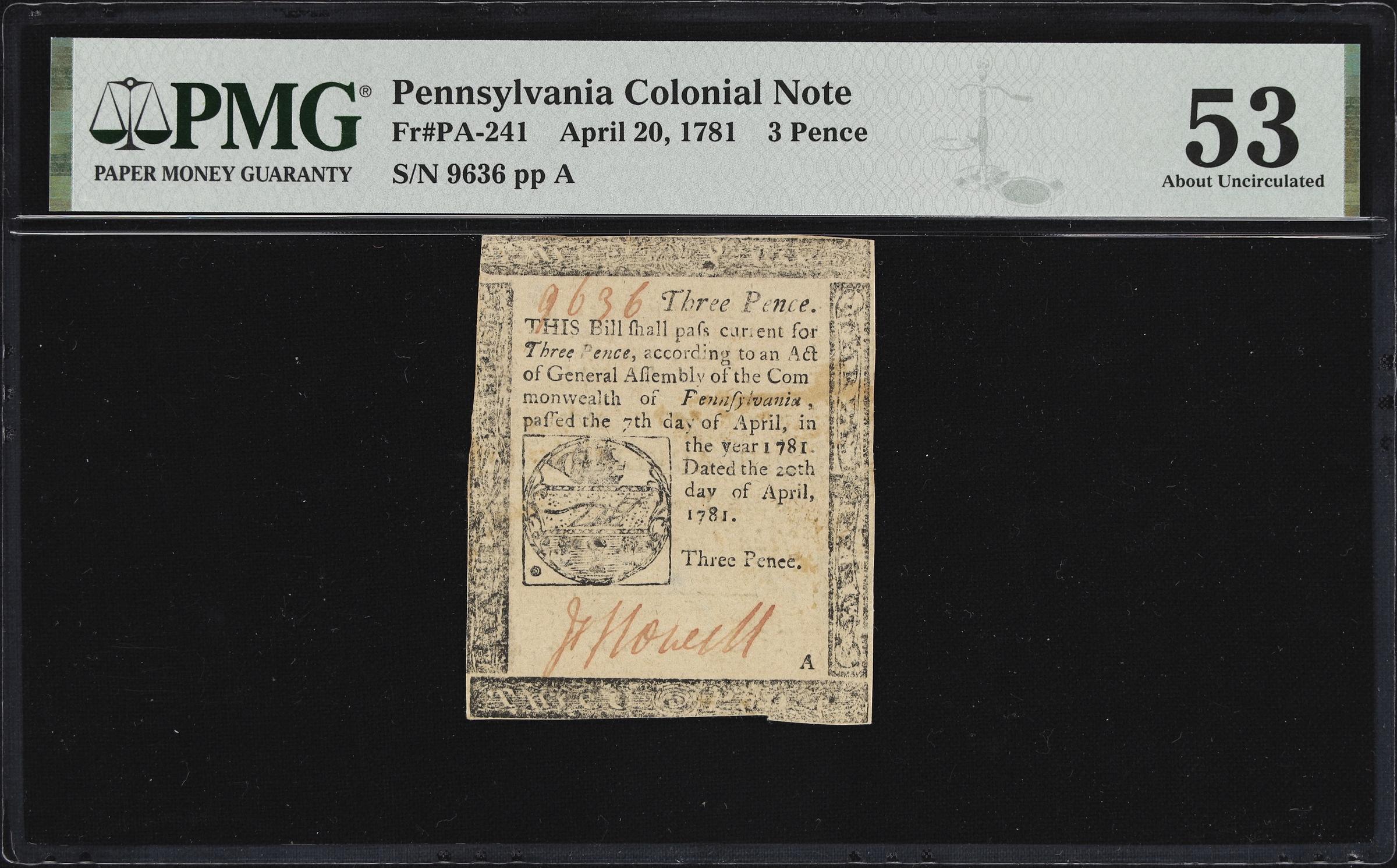 image for: PA-241. Pennsylvania. April 20, 1781. 3 Pence. PMG About Uncirculated 53.