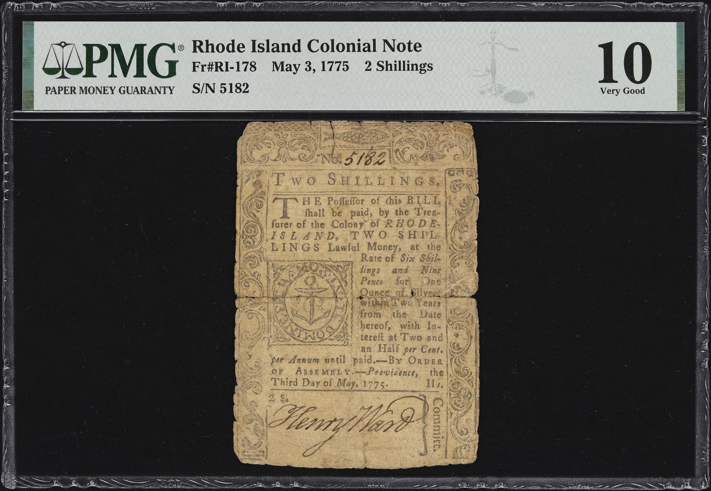 image for: RI-178. Rhode Island. May 3, 1775. 2 Shillings. PMG Very Good 10.
