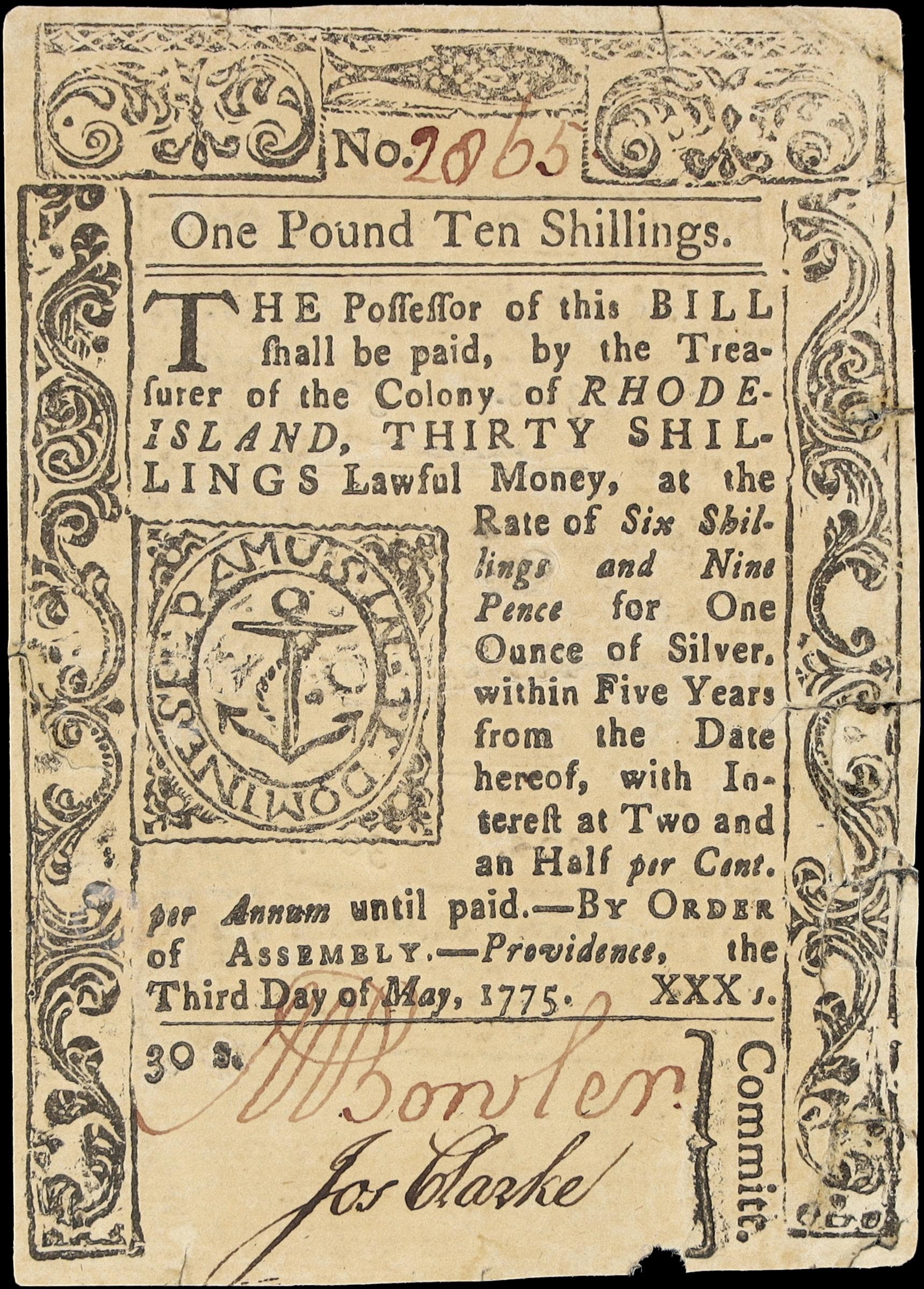 image for: RI-184. Rhode Island. May 3, 1775. 30 Shillings. Extremely Fine.