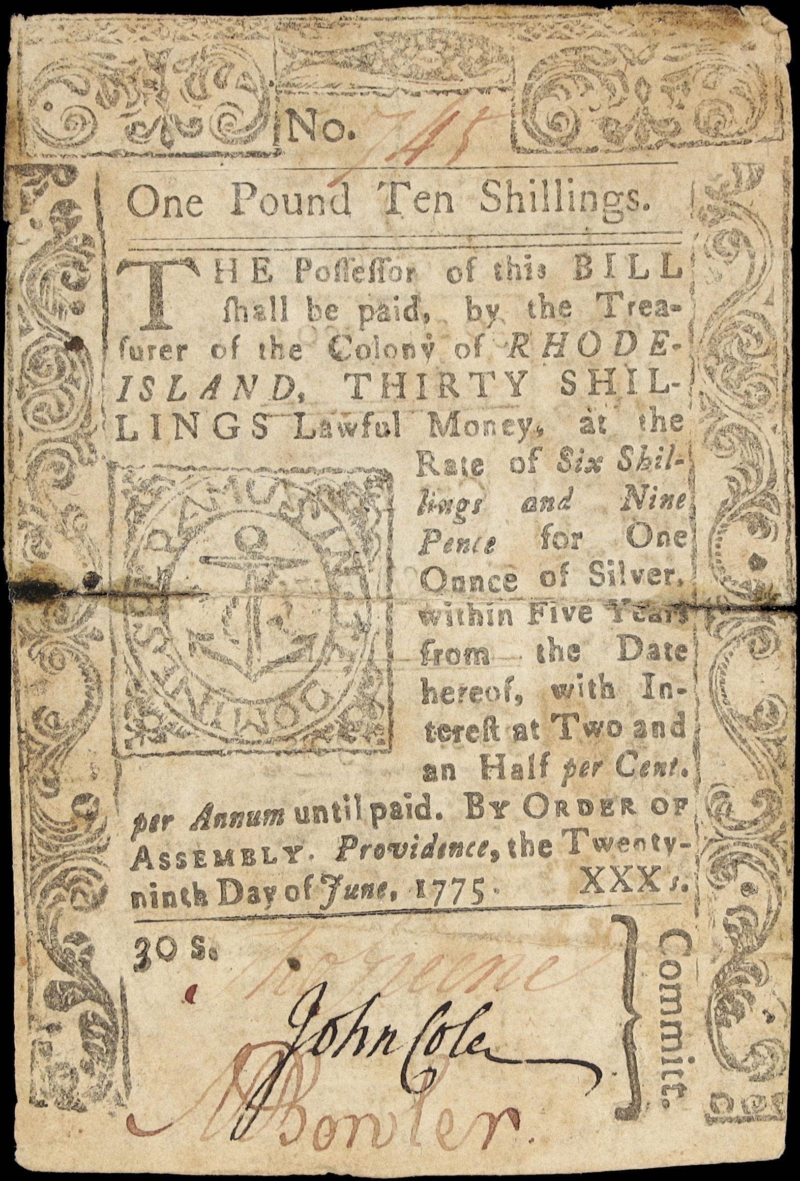 image for: RI-206. Rhode Island. June 29, 1775. 30 Shillings. Very Fine.