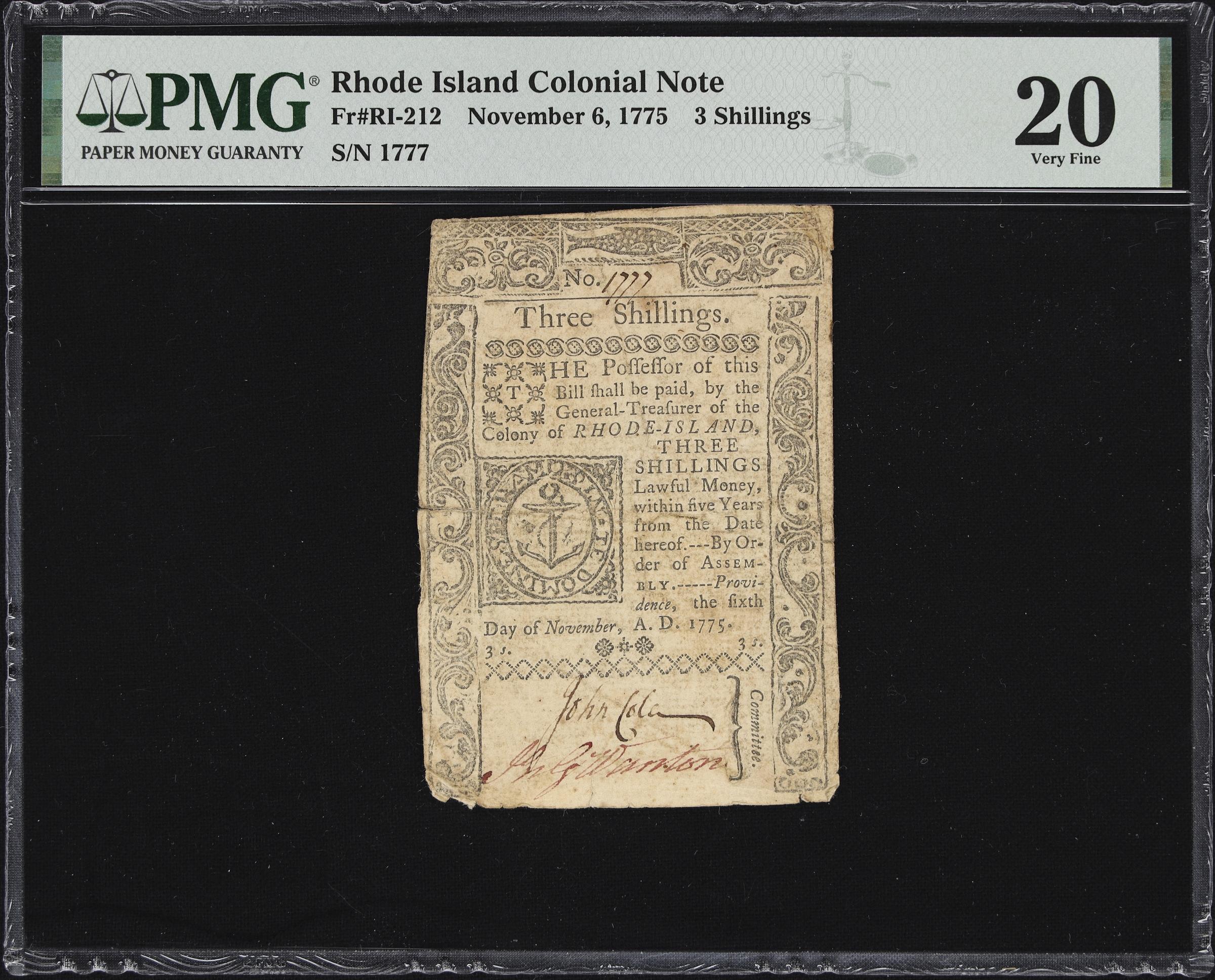 image for: RI-212. Rhode Island. November 6, 1775. 3 Shillings. PMG Very Fine 20.