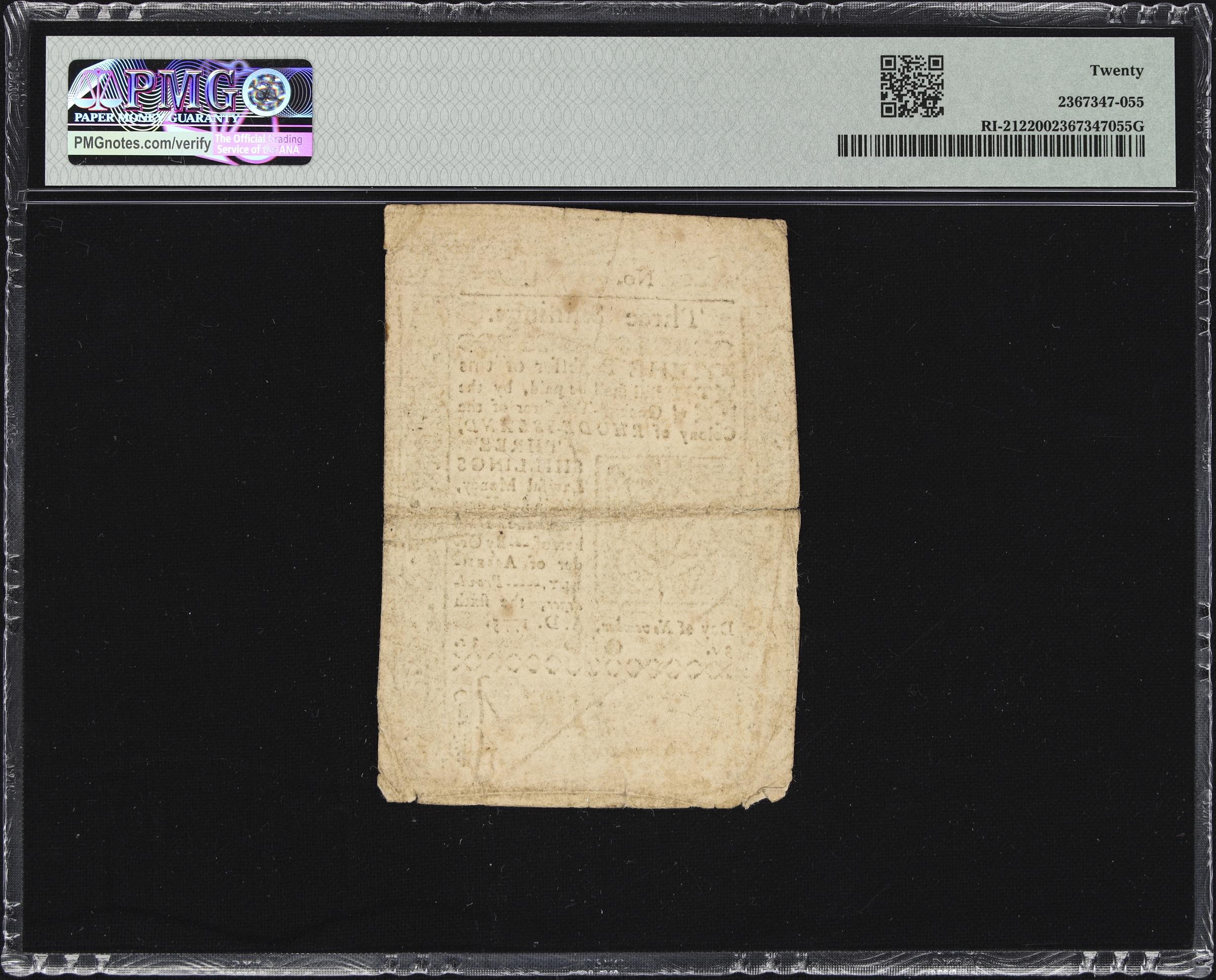 image for: RI-212. Rhode Island. November 6, 1775. 3 Shillings. PMG Very Fine 20.