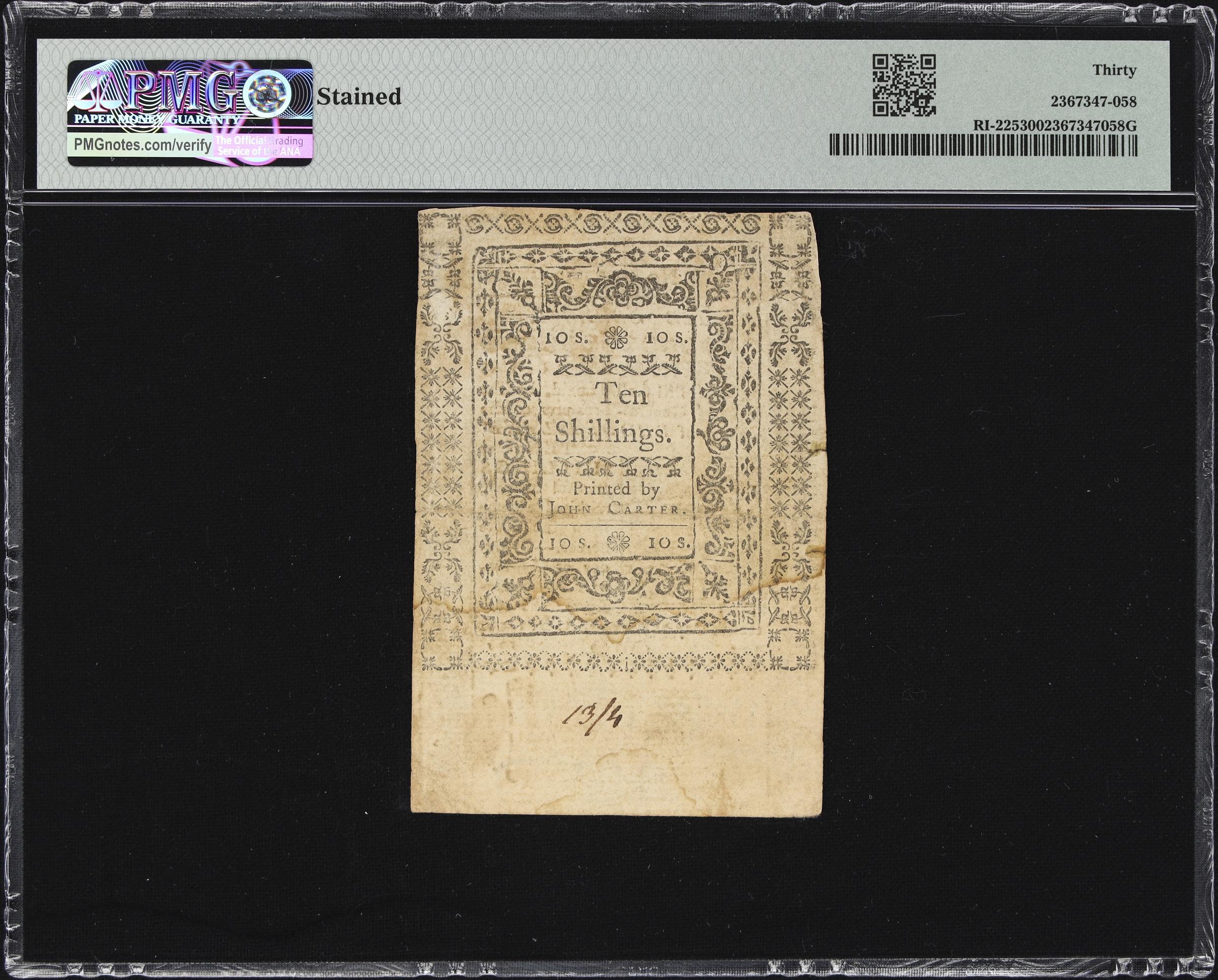 image for: RI-225. Rhode Island. January 15, 1776. 10 Shillings. PMG Very Fine 30.