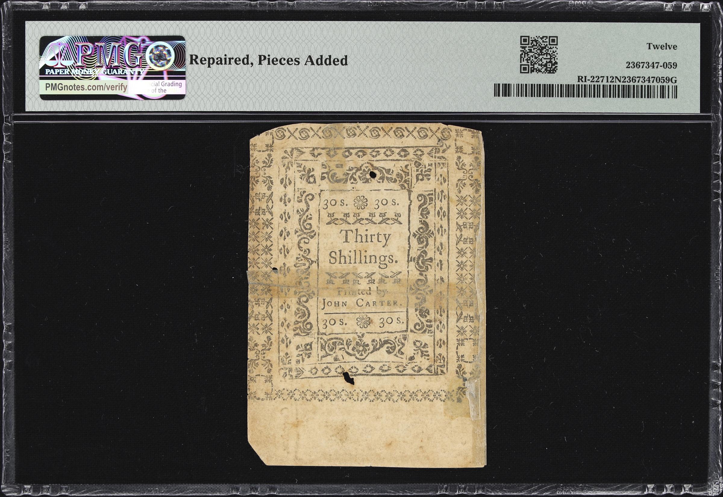 image for: RI-227. Rhode Island. January 15, 1776. 30 Shillings. PMG Fine 12 Net. Repaired, Pieces Added.