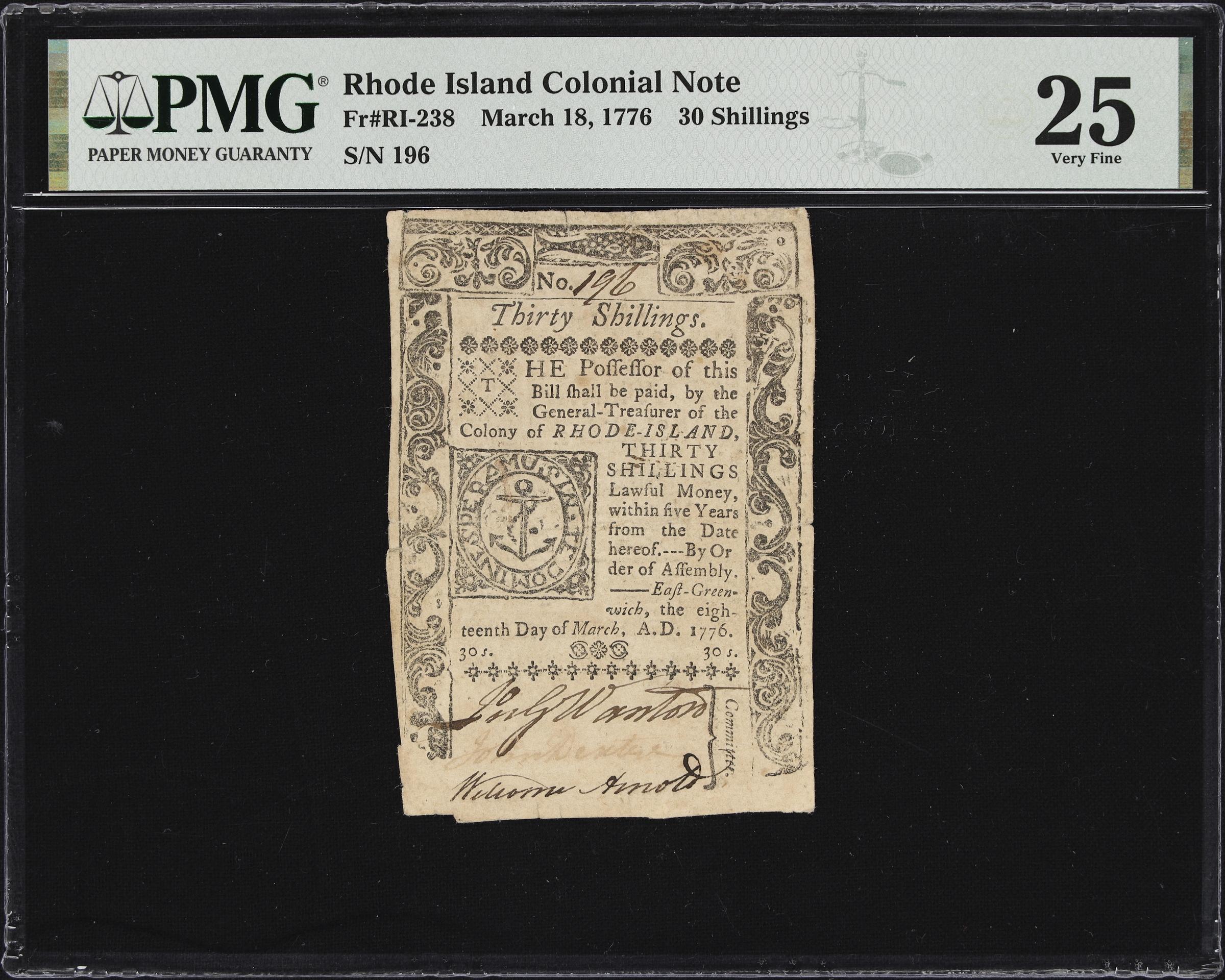 image for: RI-238. Rhode Island. March 18, 1776. 30 Shillings. PMG Very Fine 25.