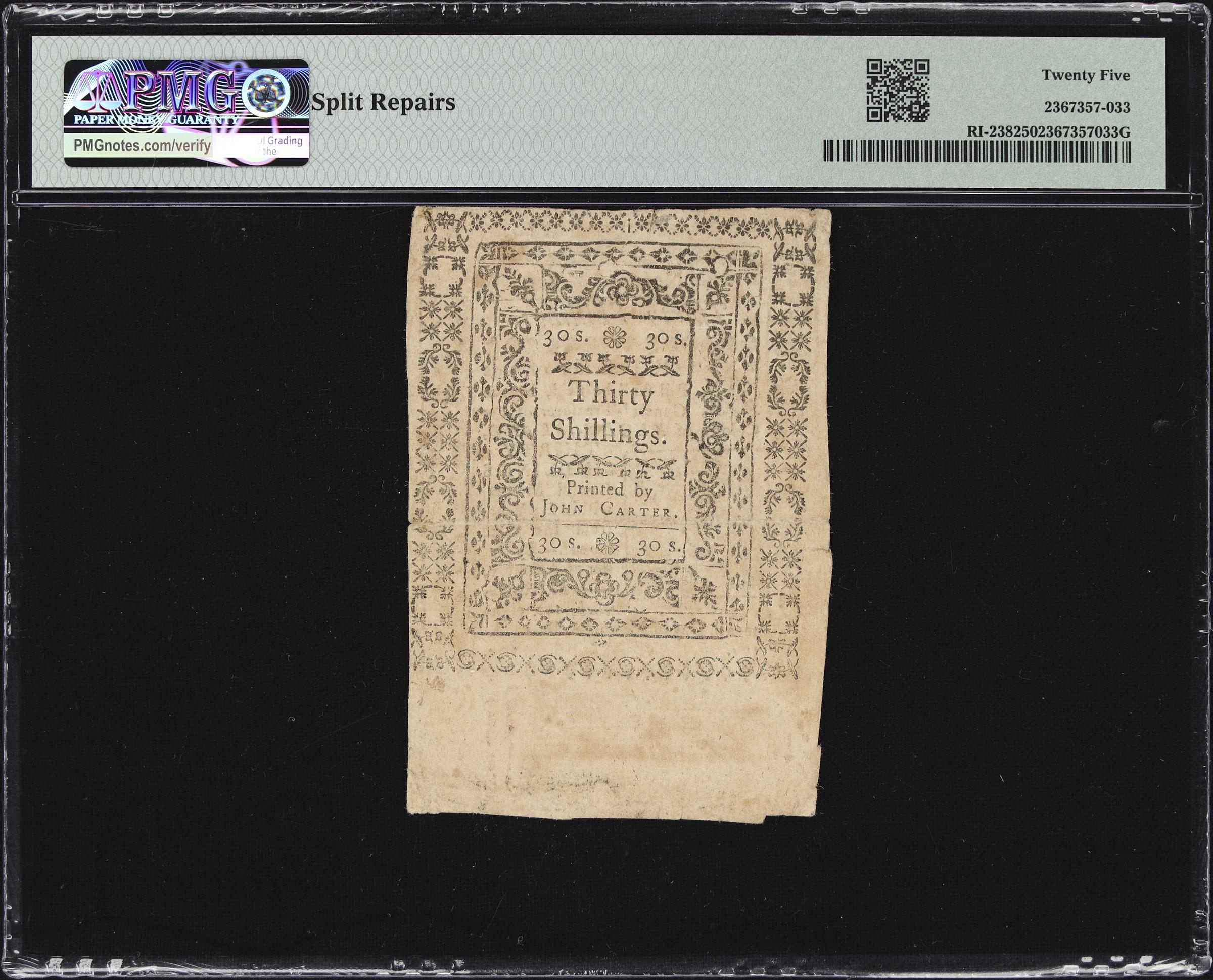 image for: RI-238. Rhode Island. March 18, 1776. 30 Shillings. PMG Very Fine 25.