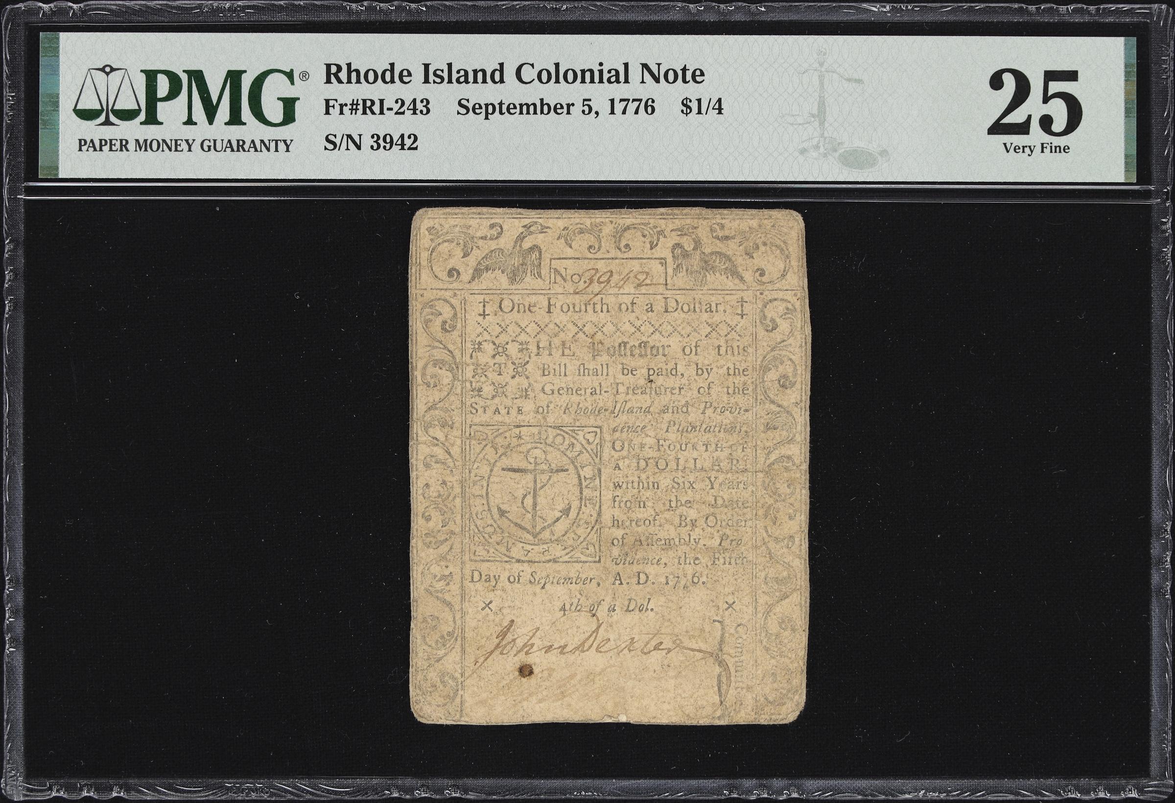 image for: RI-243. Rhode Island. September 5, 1776. $1/4. PMG Very Fine 25.
