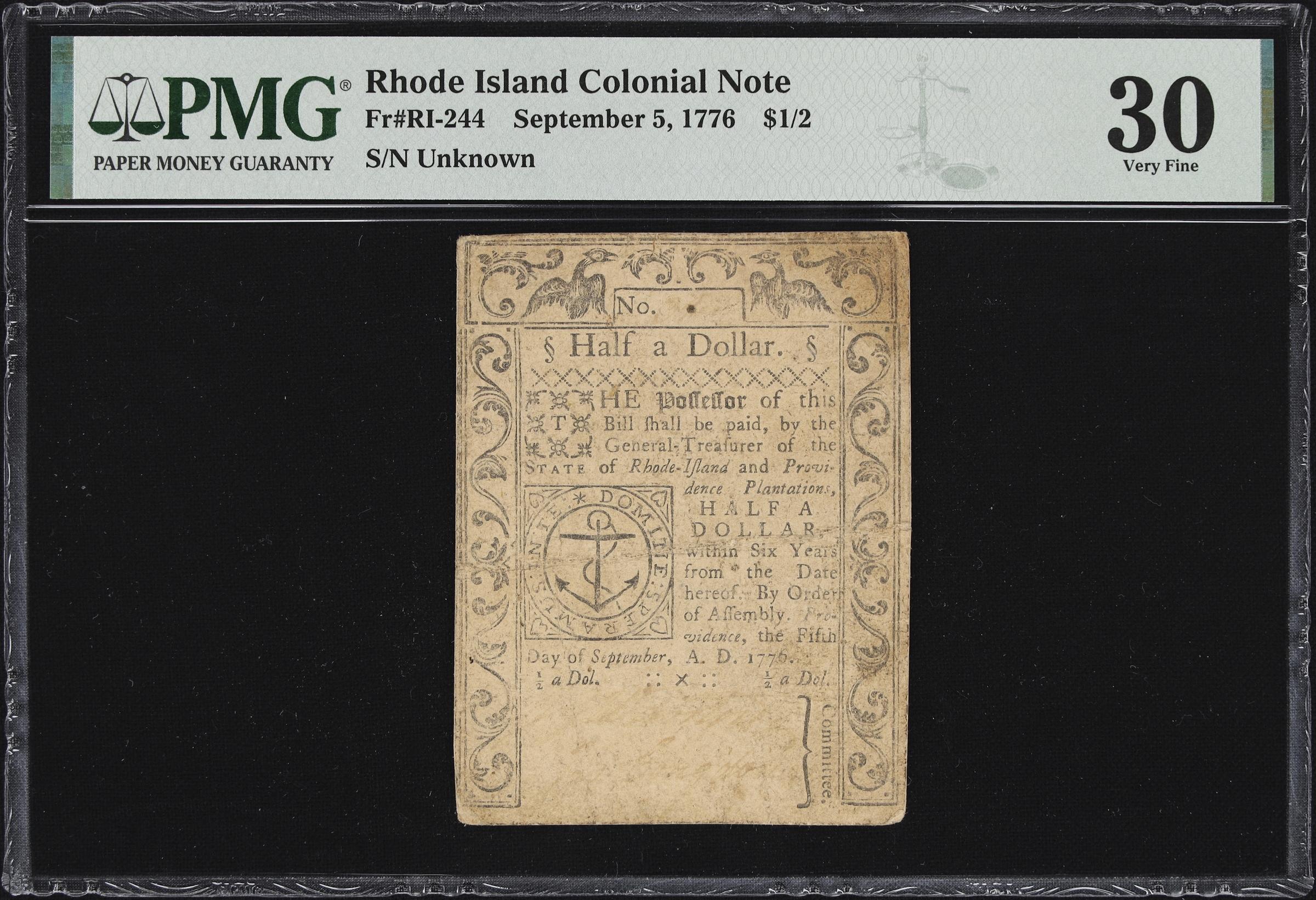 image for: RI-244. Rhode Island. September 5, 1776. $1/2. PMG Very Fine 30.