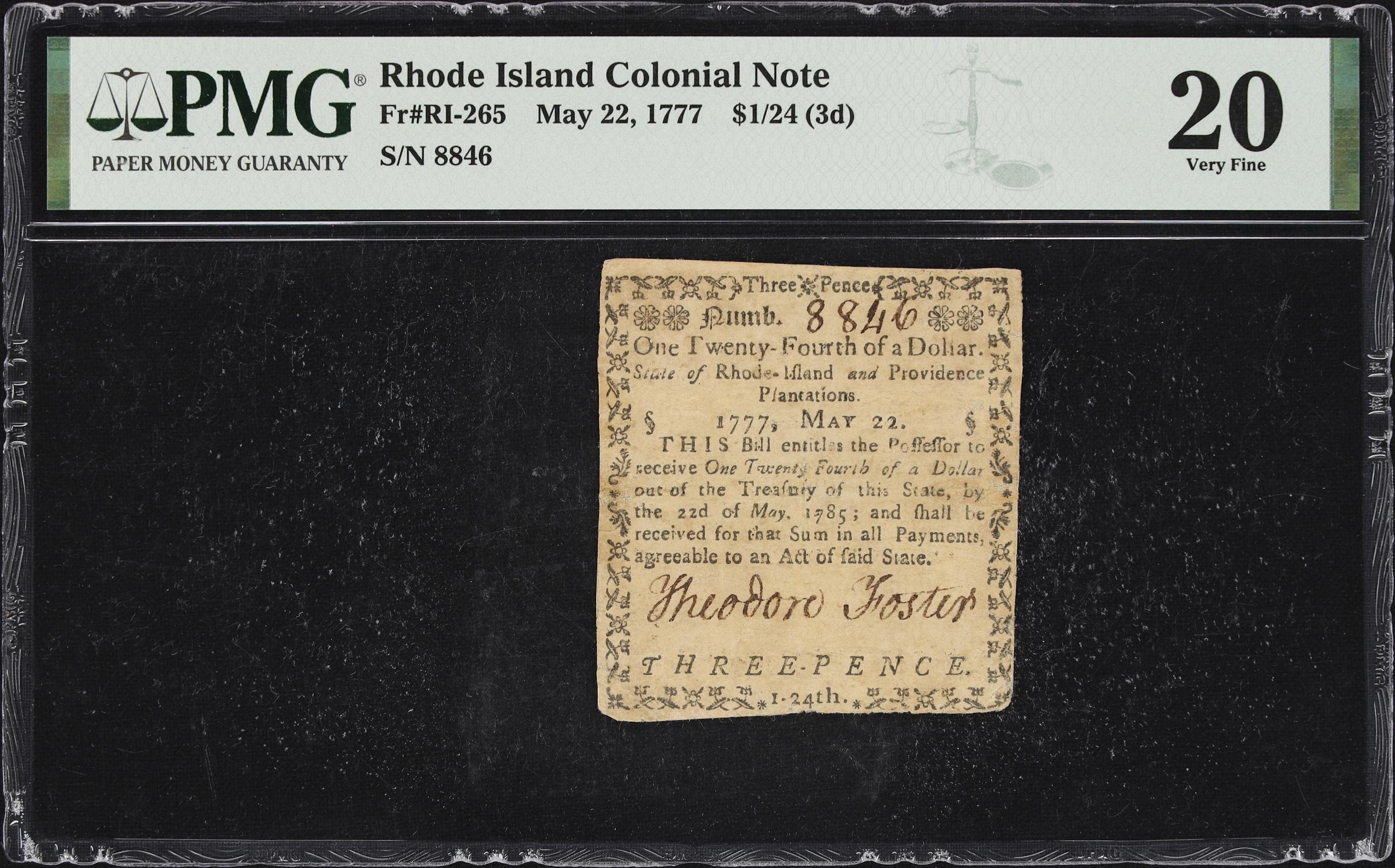 image for: RI-265. Rhode Island. May 22, 1777. $1/24. PMG Very Fine 20.