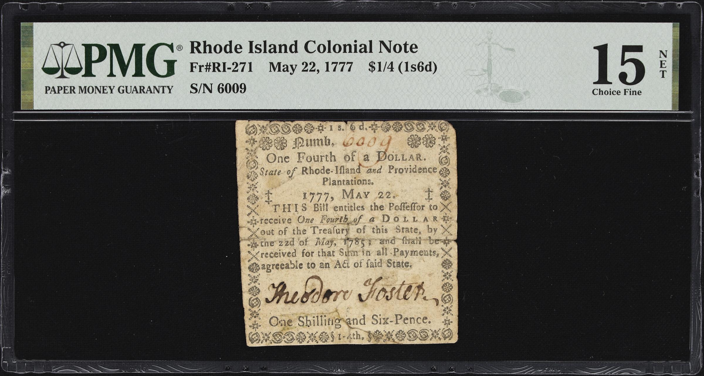 image for: RI-271. Rhode Island. May 22, 1777. $1/4. PMG Choice Fine 15 Net. Repaired.