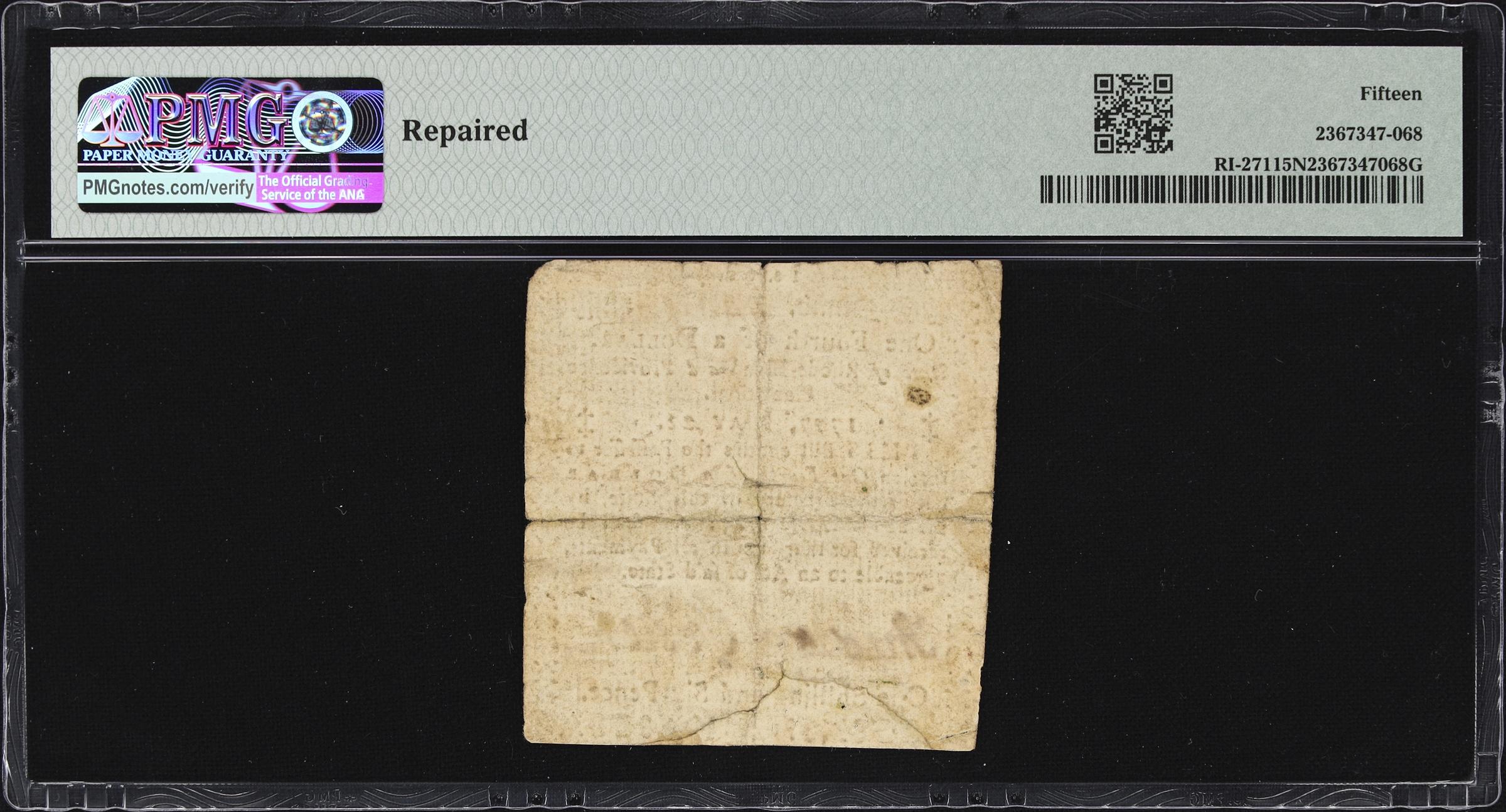 image for: RI-271. Rhode Island. May 22, 1777. $1/4. PMG Choice Fine 15 Net. Repaired.