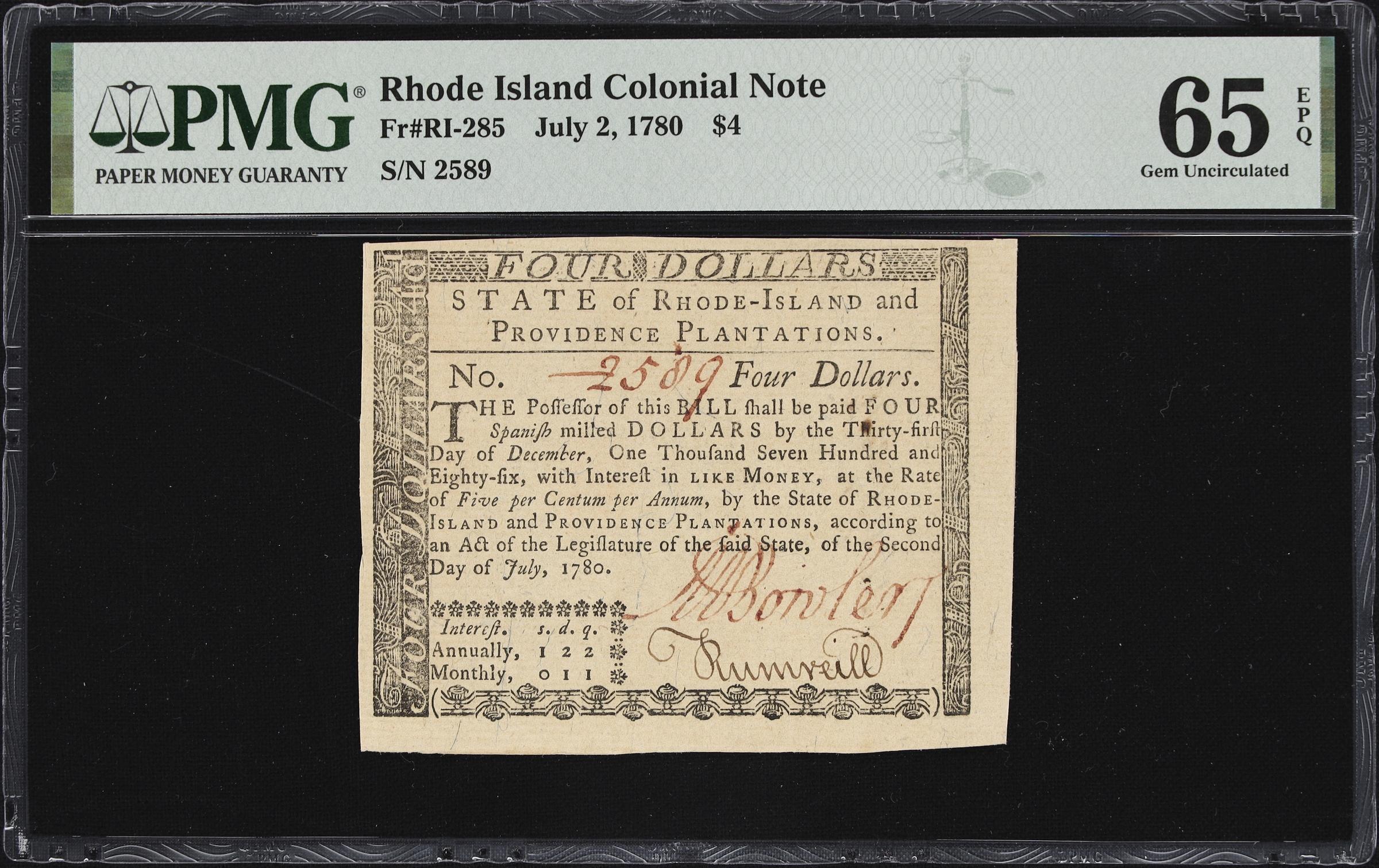 image for: RI-285. Rhode Island. July 2, 1780. $4. PMG Gem Uncirculated 65 EPQ.