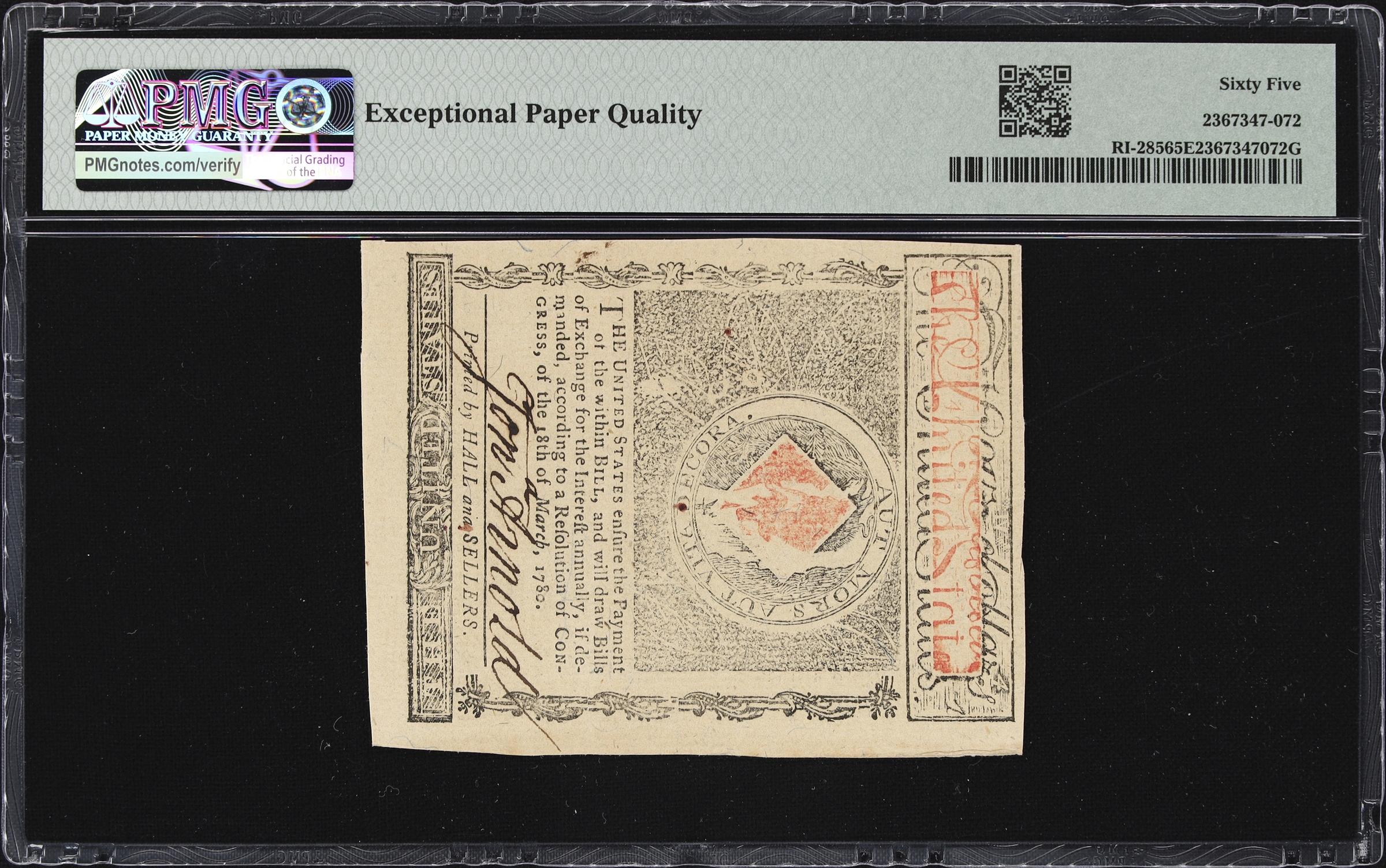 image for: RI-285. Rhode Island. July 2, 1780. $4. PMG Gem Uncirculated 65 EPQ.