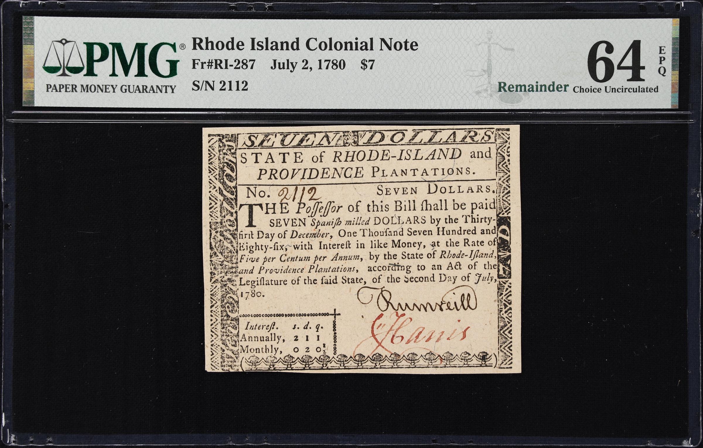 image for: RI-287. Rhode Island. July 2, 1780. $7. PMG Choice Uncirculated 64 EPQ. Remainder.
