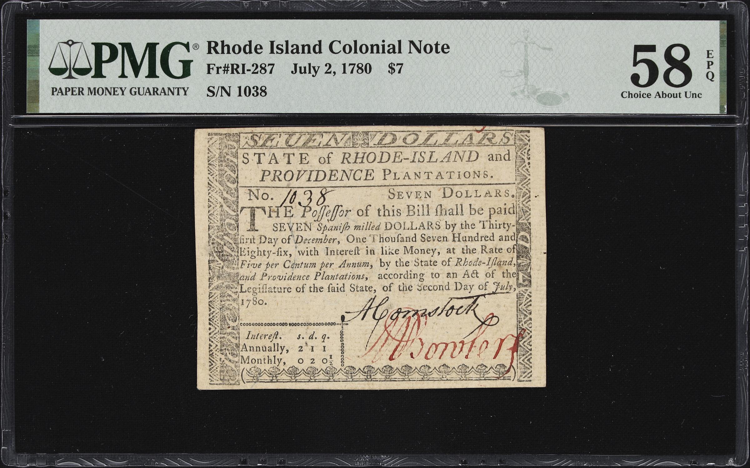 image for: RI-287. Rhode Island. July 2, 1780. $7. PMG Choice About Uncirculated 58 EPQ.