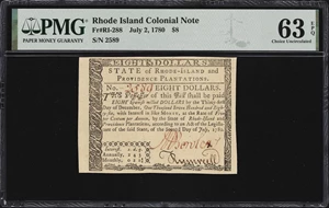 image for: RI-288. Rhode Island. July 2, 1780. $8. PMG Choice Uncirculated 63 EPQ.