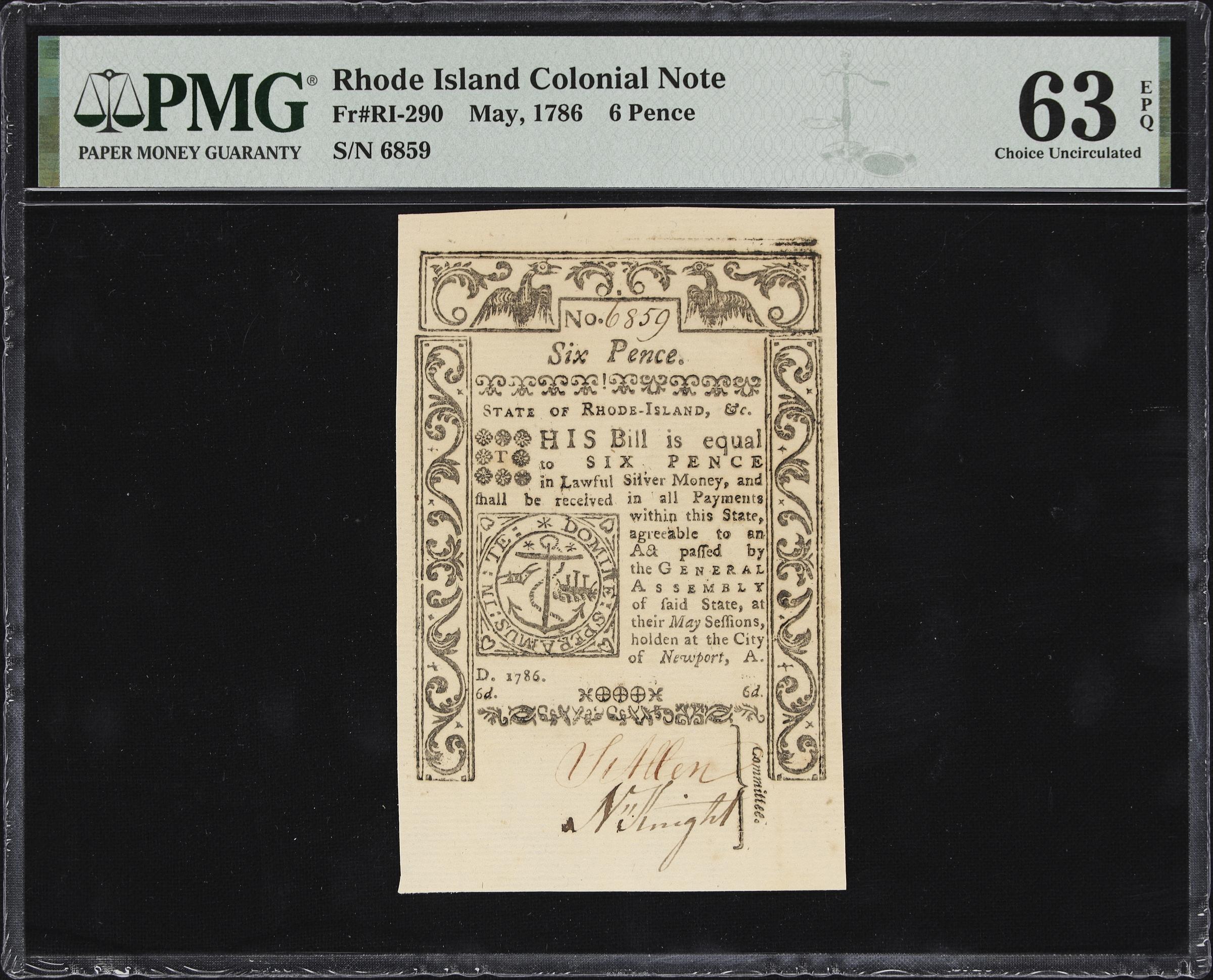 image for: RI-290. Rhode Island. May, 1786. 6 Pence. PMG Choice Uncirculated 63 EPQ.