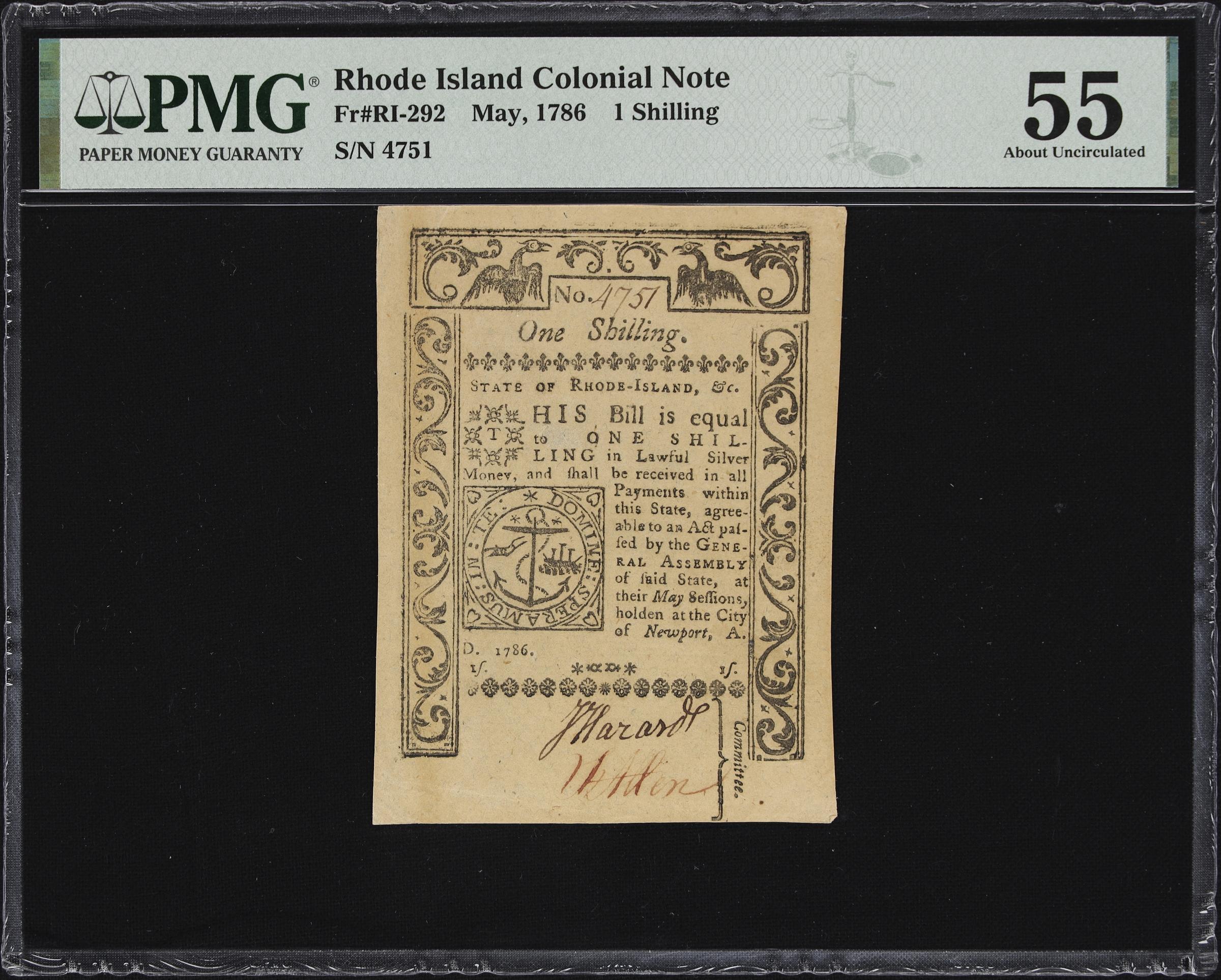 image for: RI-292. Rhode Island. May, 1786. 1 Shilling. PMG About Uncirculated 55.