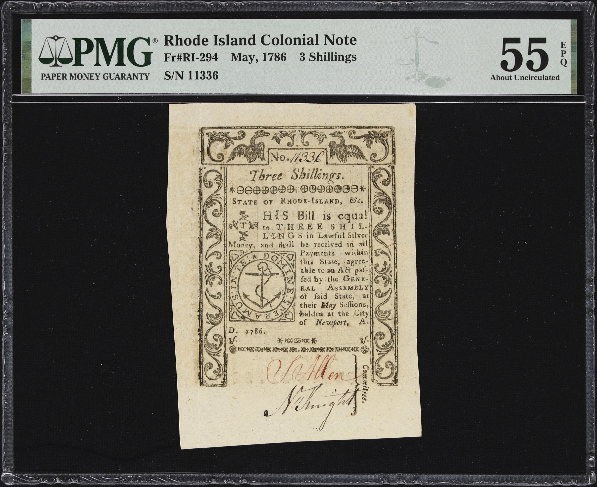 image for: RI-294. Rhode Island. May, 1786. 3 Shillings. PMG About Uncirculated 55 EPQ.