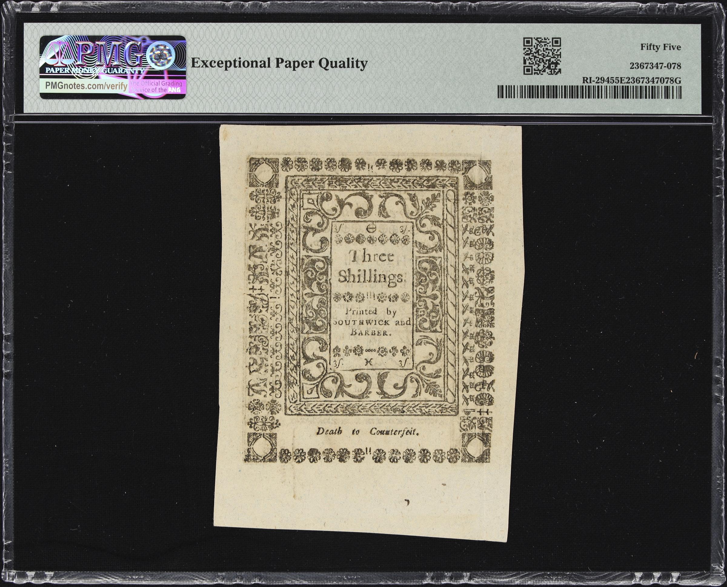 image for: RI-294. Rhode Island. May, 1786. 3 Shillings. PMG About Uncirculated 55 EPQ.