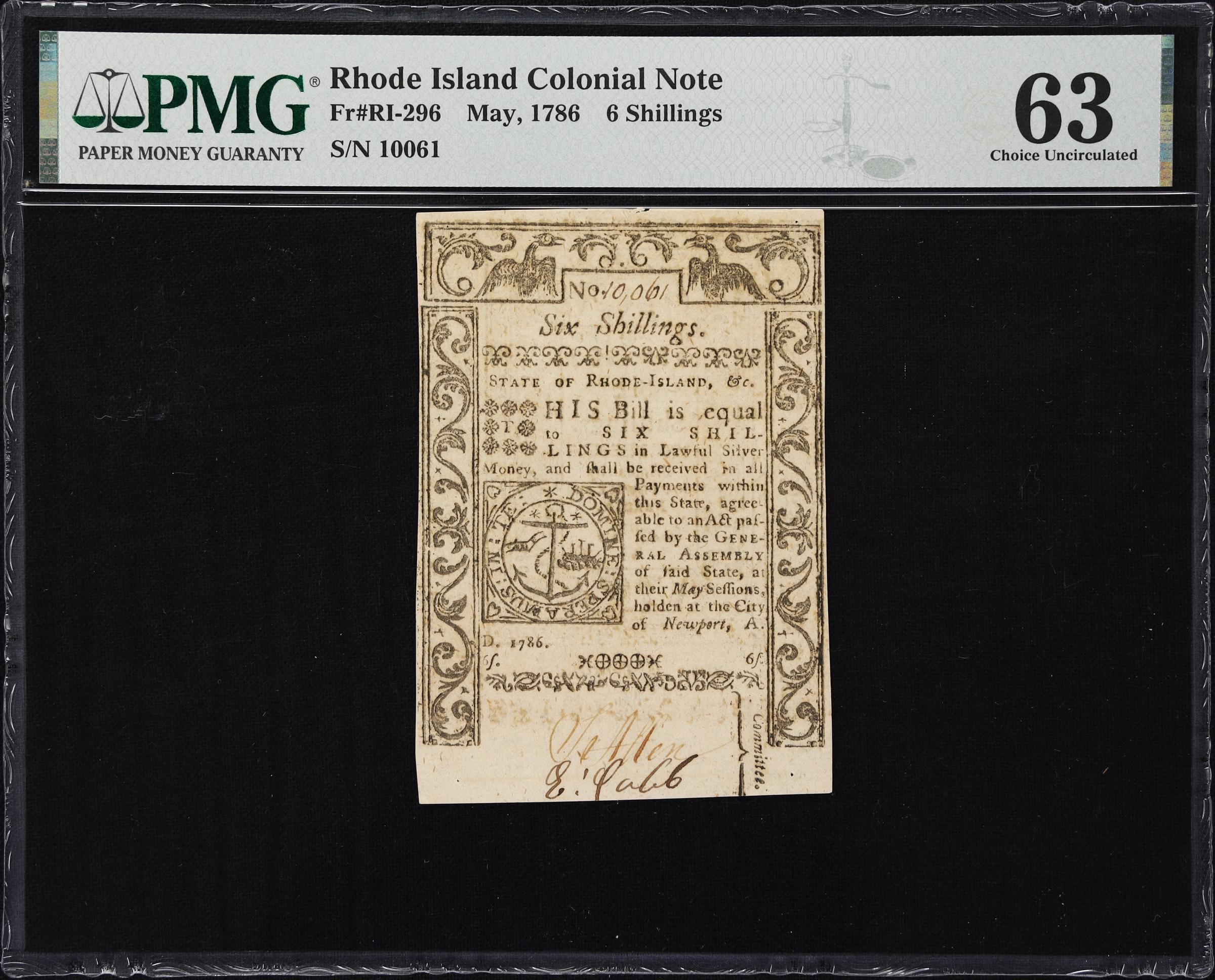 image for: RI-296. Rhode Island. May, 1786. 6 Shillings. PMG Choice Uncirculated 63.