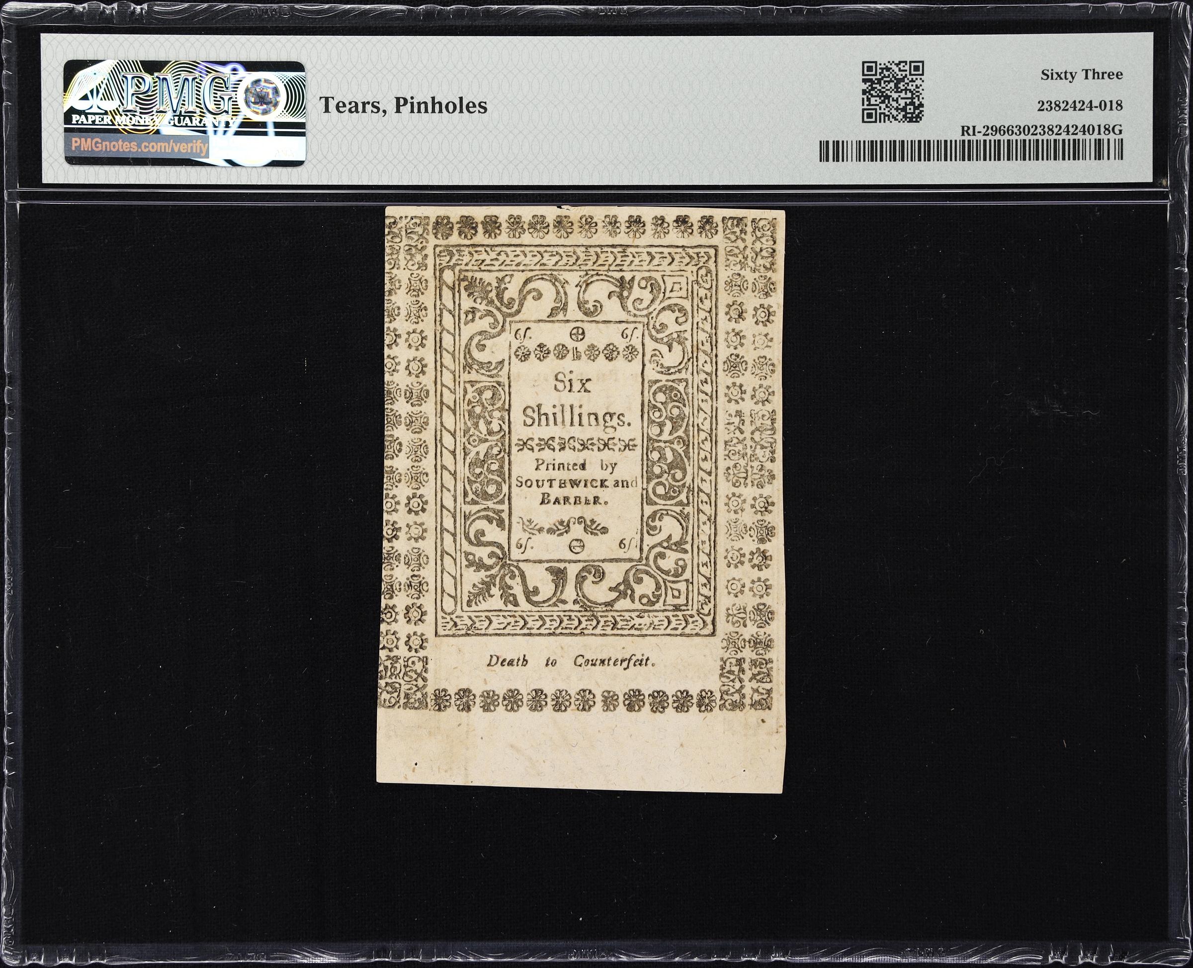 image for: RI-296. Rhode Island. May, 1786. 6 Shillings. PMG Choice Uncirculated 63.