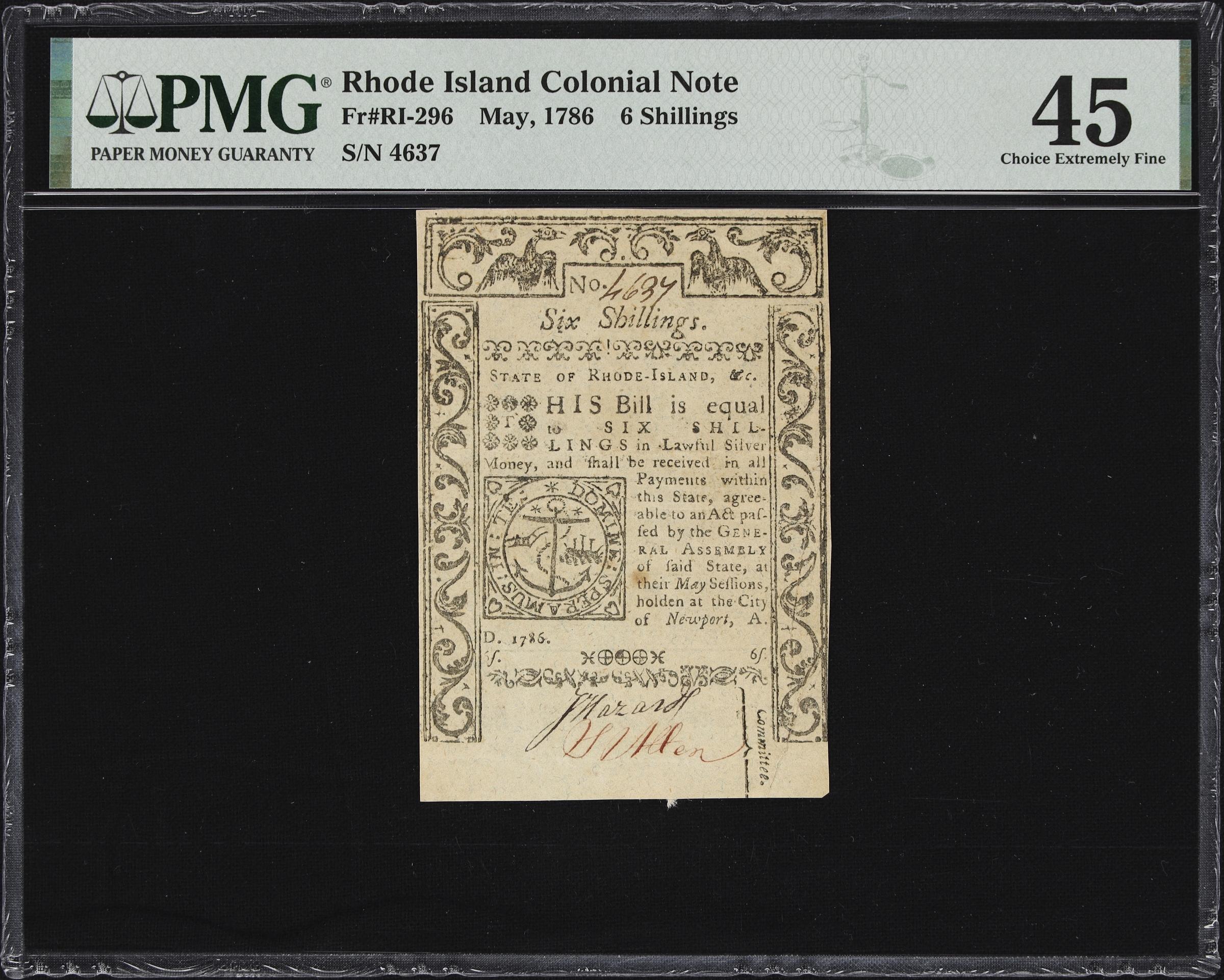 image for: RI-296. Rhode Island. May, 1786. 6 Shillings. PMG Choice Extremely Fine 45.