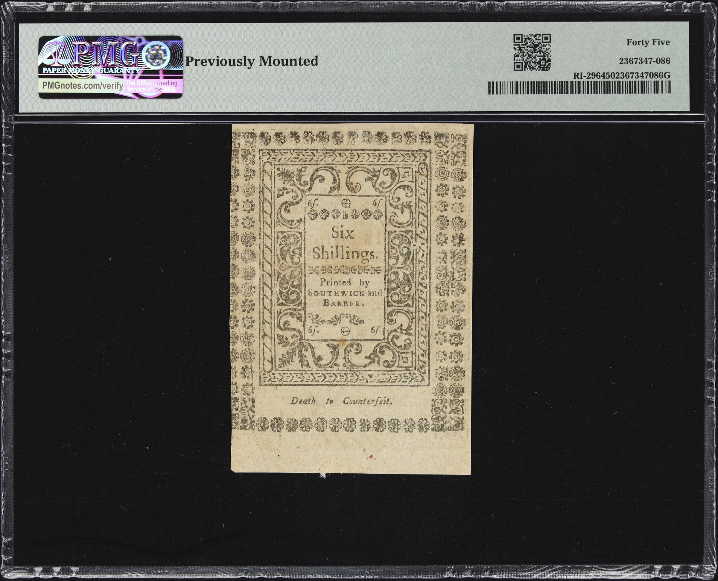 image for: RI-296. Rhode Island. May, 1786. 6 Shillings. PMG Choice Extremely Fine 45.