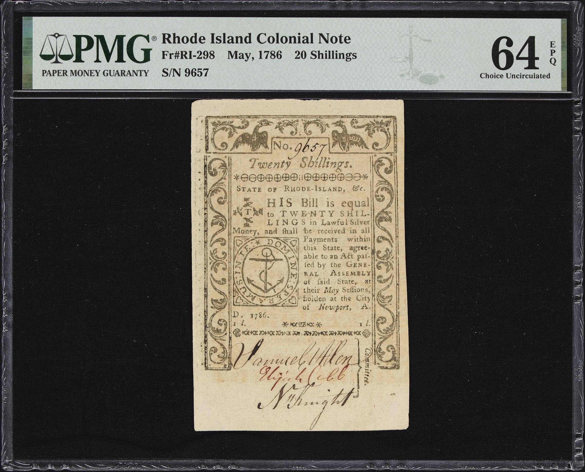 image for: RI-298. Rhode Island. May, 1786. 20 Shillings. PMG Choice Uncirculated 64 EPQ.