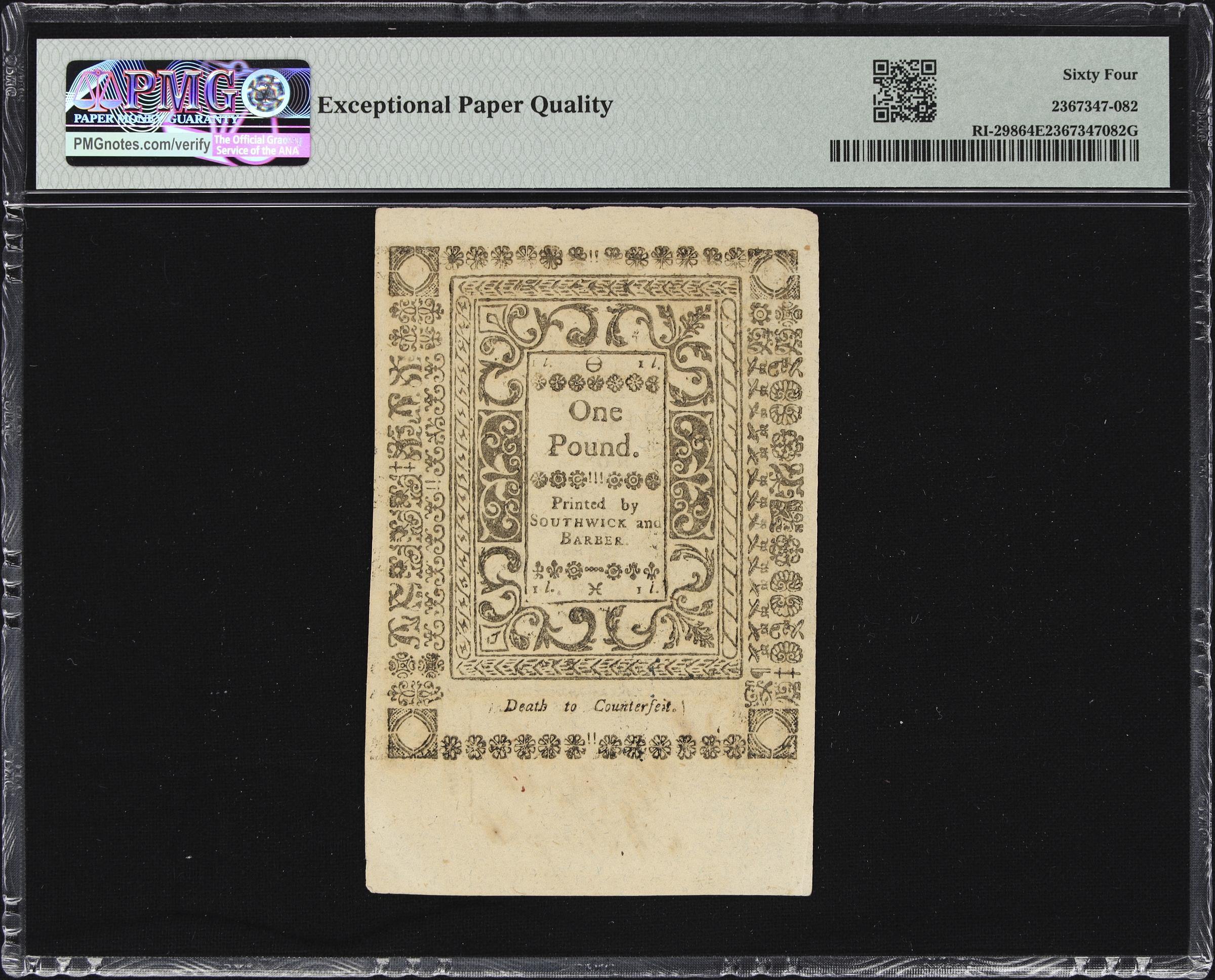 image for: RI-298. Rhode Island. May, 1786. 20 Shillings. PMG Choice Uncirculated 64 EPQ.