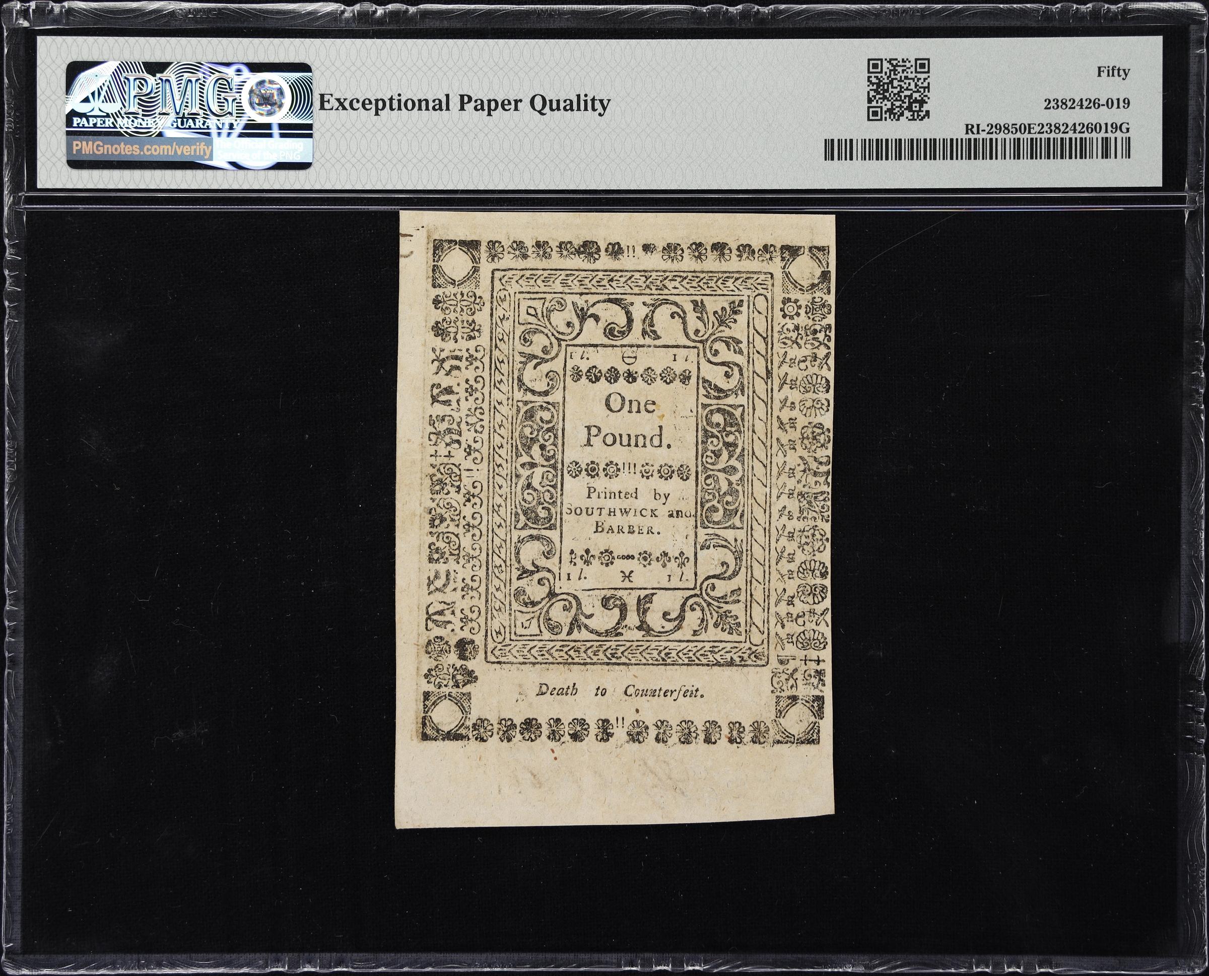 image for: RI-298. Rhode Island. May, 1786. 20 Shillings. PMG About Uncirculated 50 EPQ.