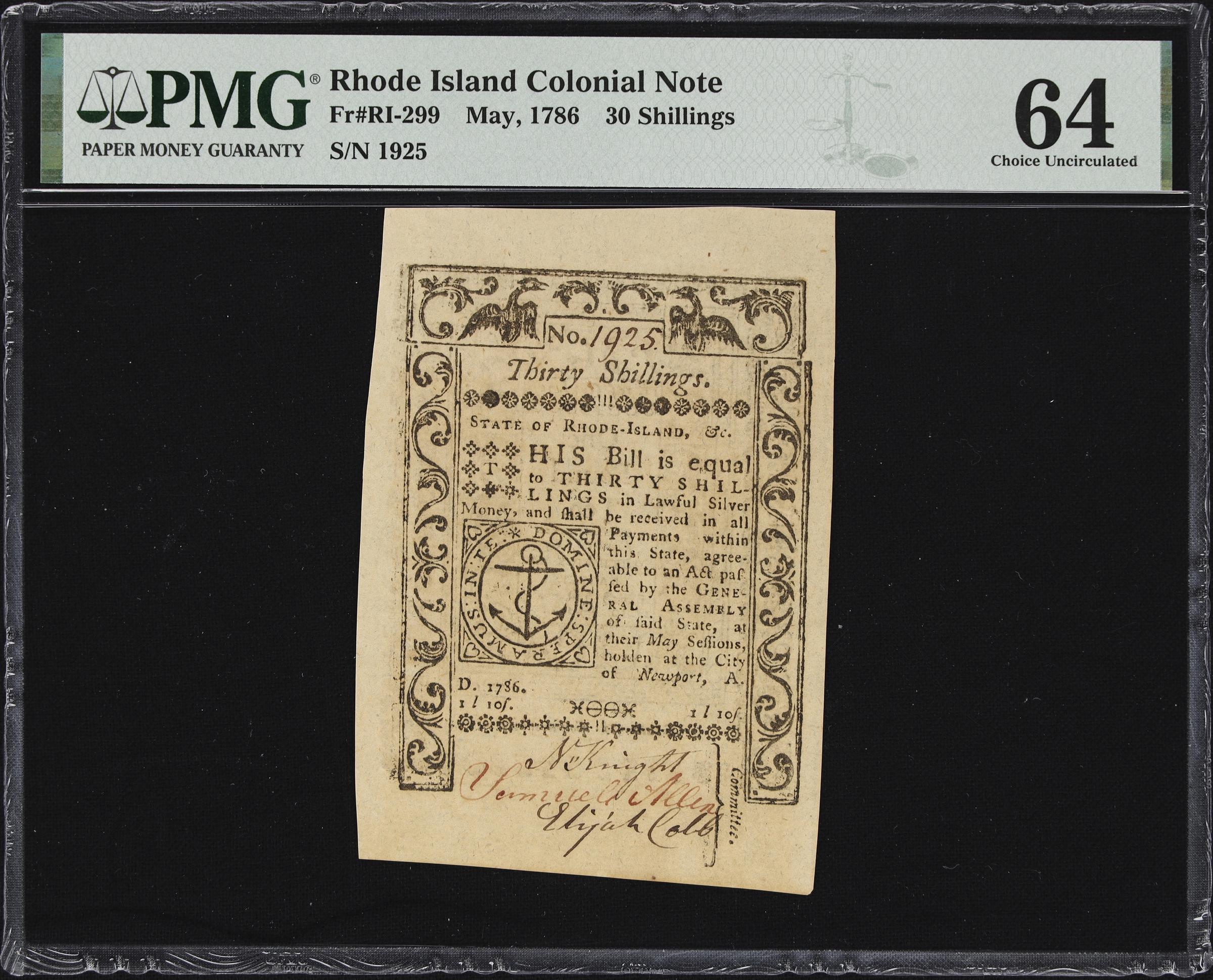 image for: RI-299. Rhode Island. May, 1786. 30 Shillings. PMG Choice Uncirculated 64.