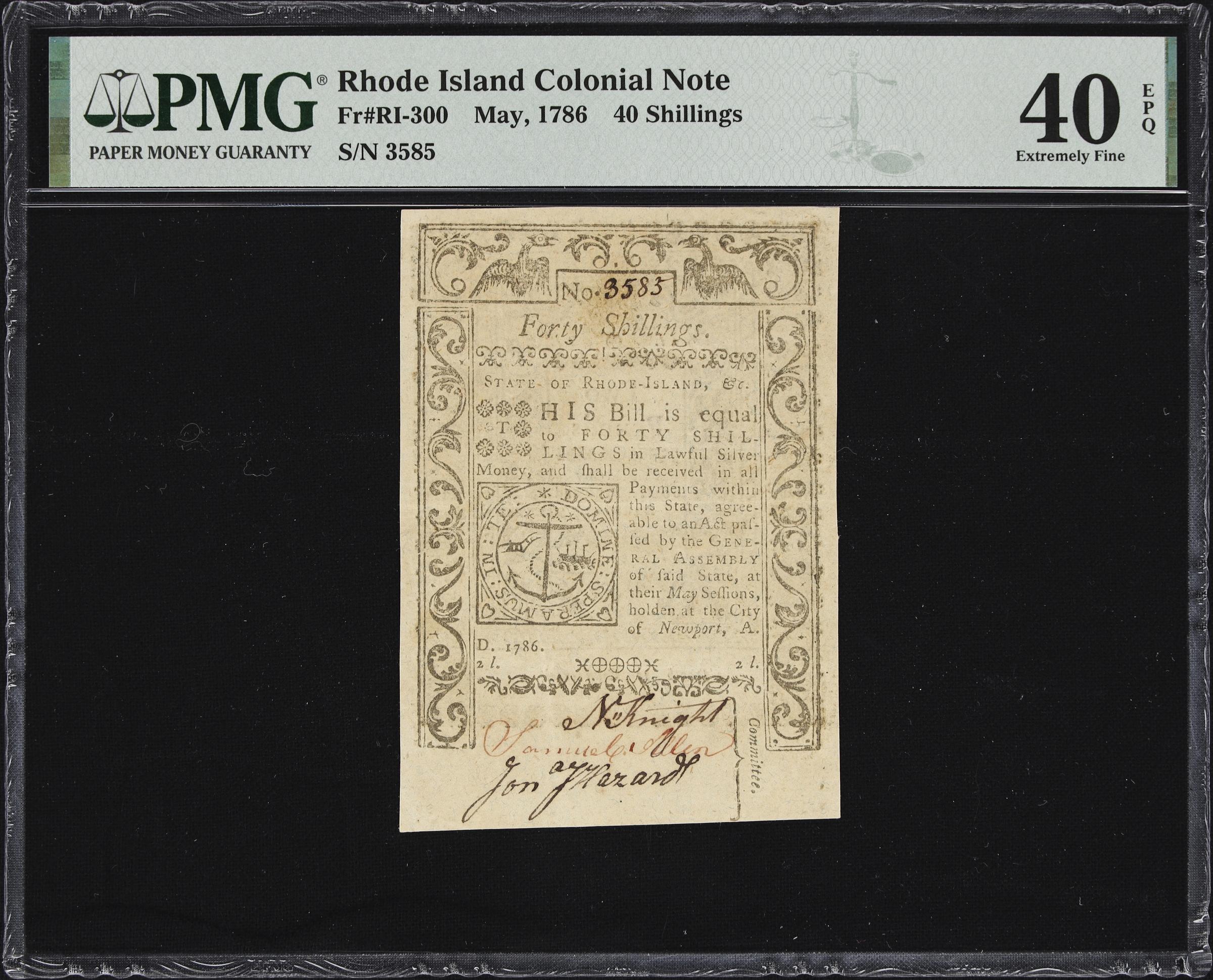 image for: RI-300. Rhode Island. May, 1786. 40 Shillings. PMG Extremely Fine 40 EPQ.