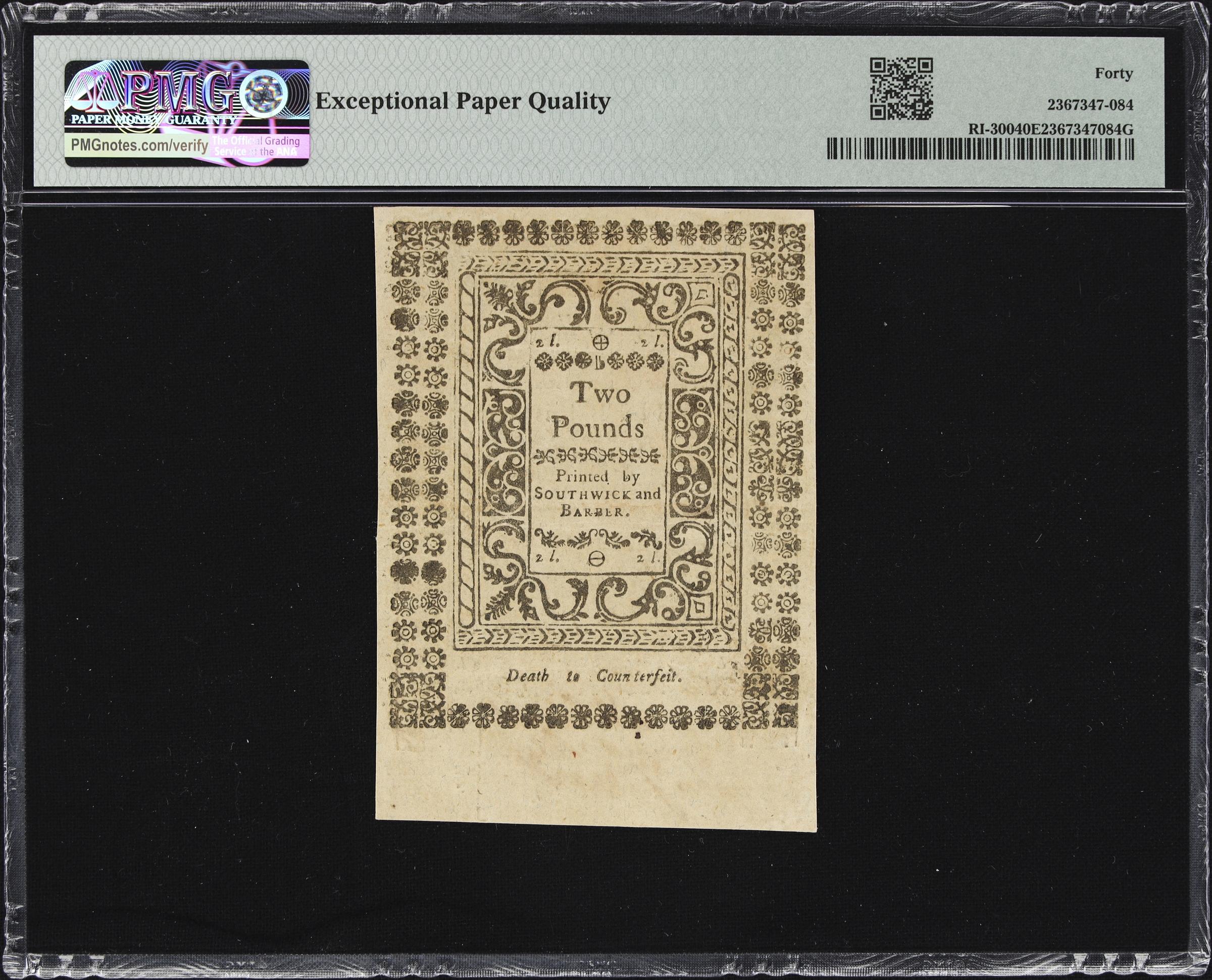 image for: RI-300. Rhode Island. May, 1786. 40 Shillings. PMG Extremely Fine 40 EPQ.