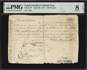 image for: SC-97. South Carolina. April 10, 1774. 100 Pounds. PMG Very Good 8 Net. Backed, Paper Damage.