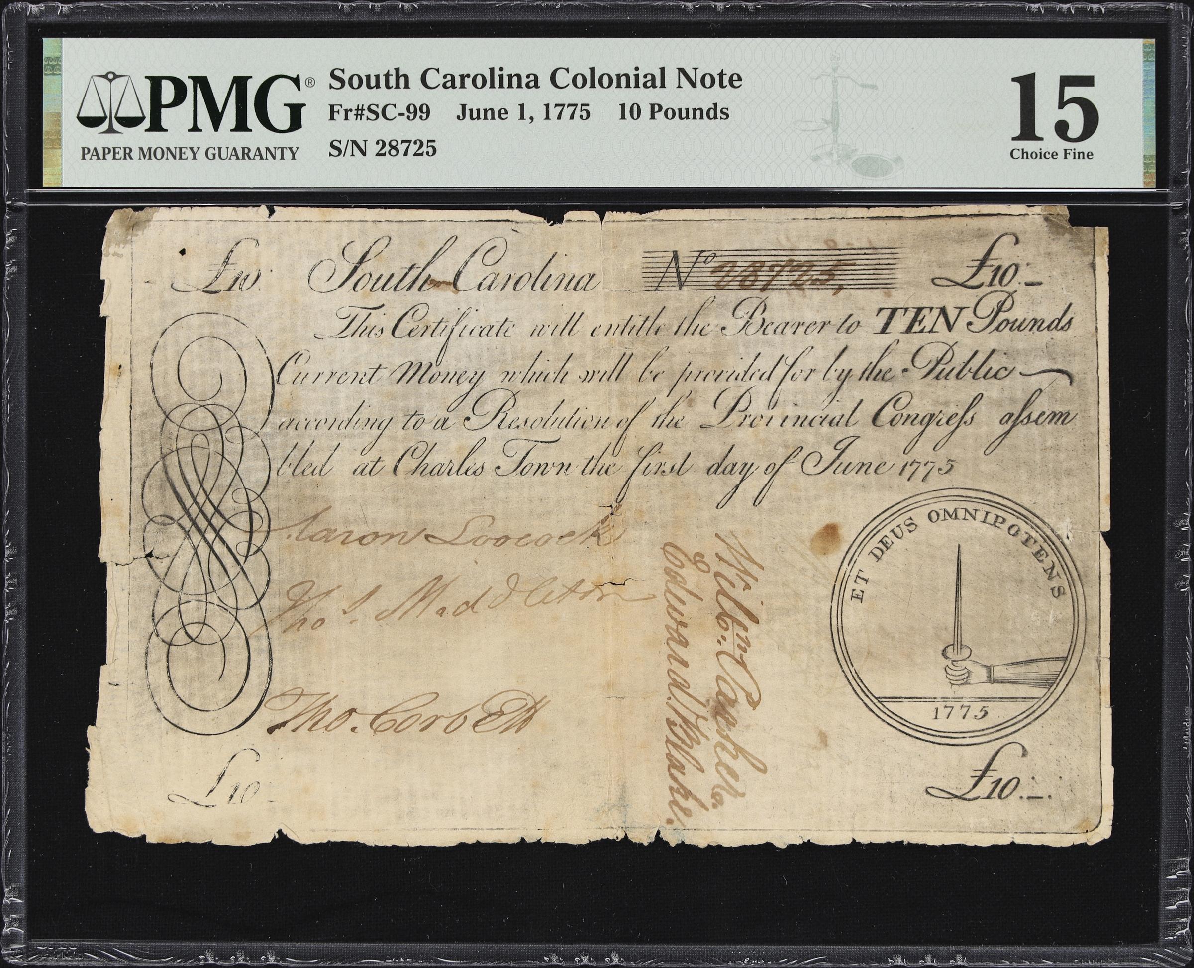 image for: SC-99. South Carolina. June 1, 1775. 10 Pounds. PMG Choice Fine 15.