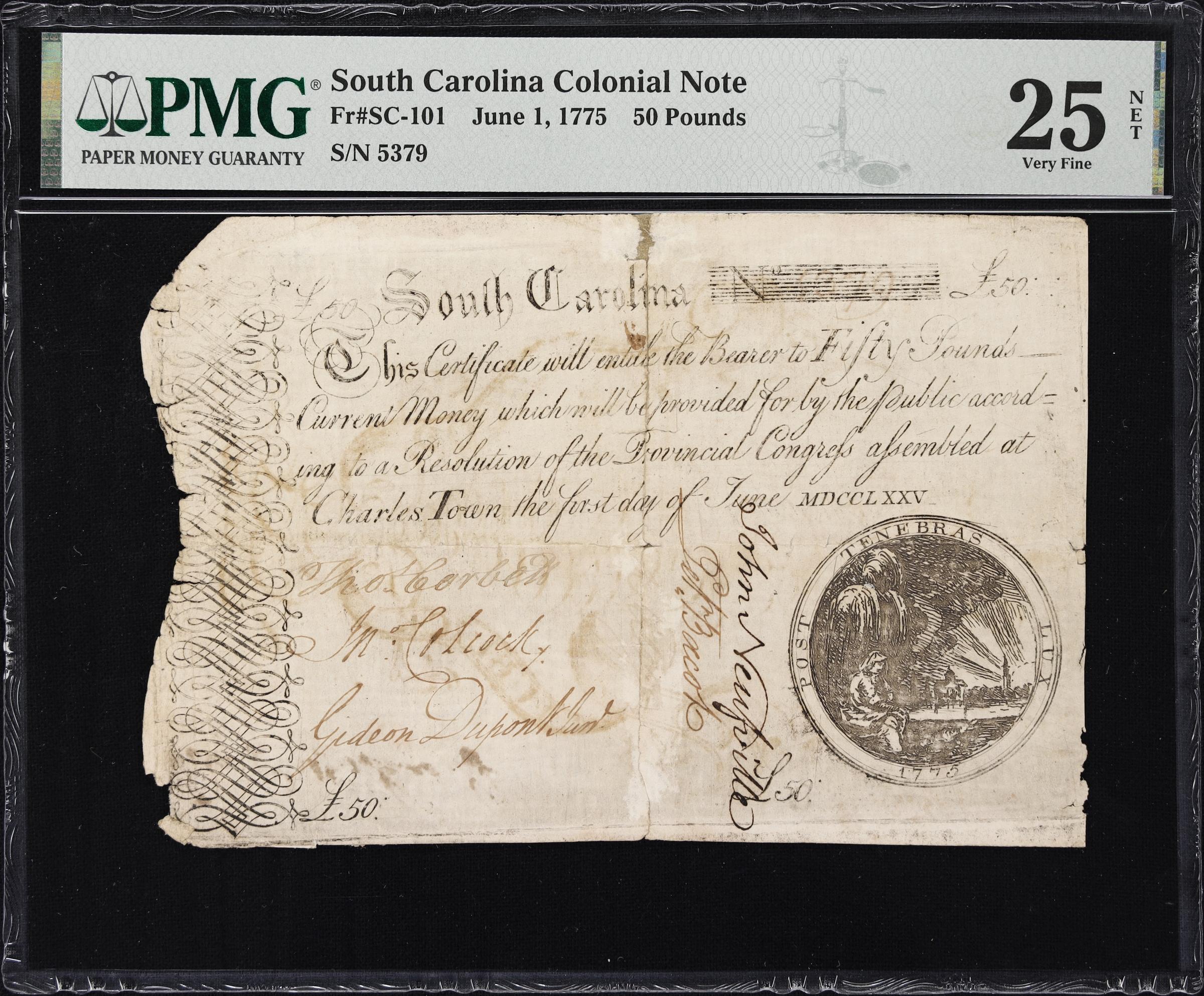 image for: SC-101. South Carolina. June 1, 1775. 50 Pounds. PMG Very Fine 25 Net. Severed & Reattached, Tears, Annotations.