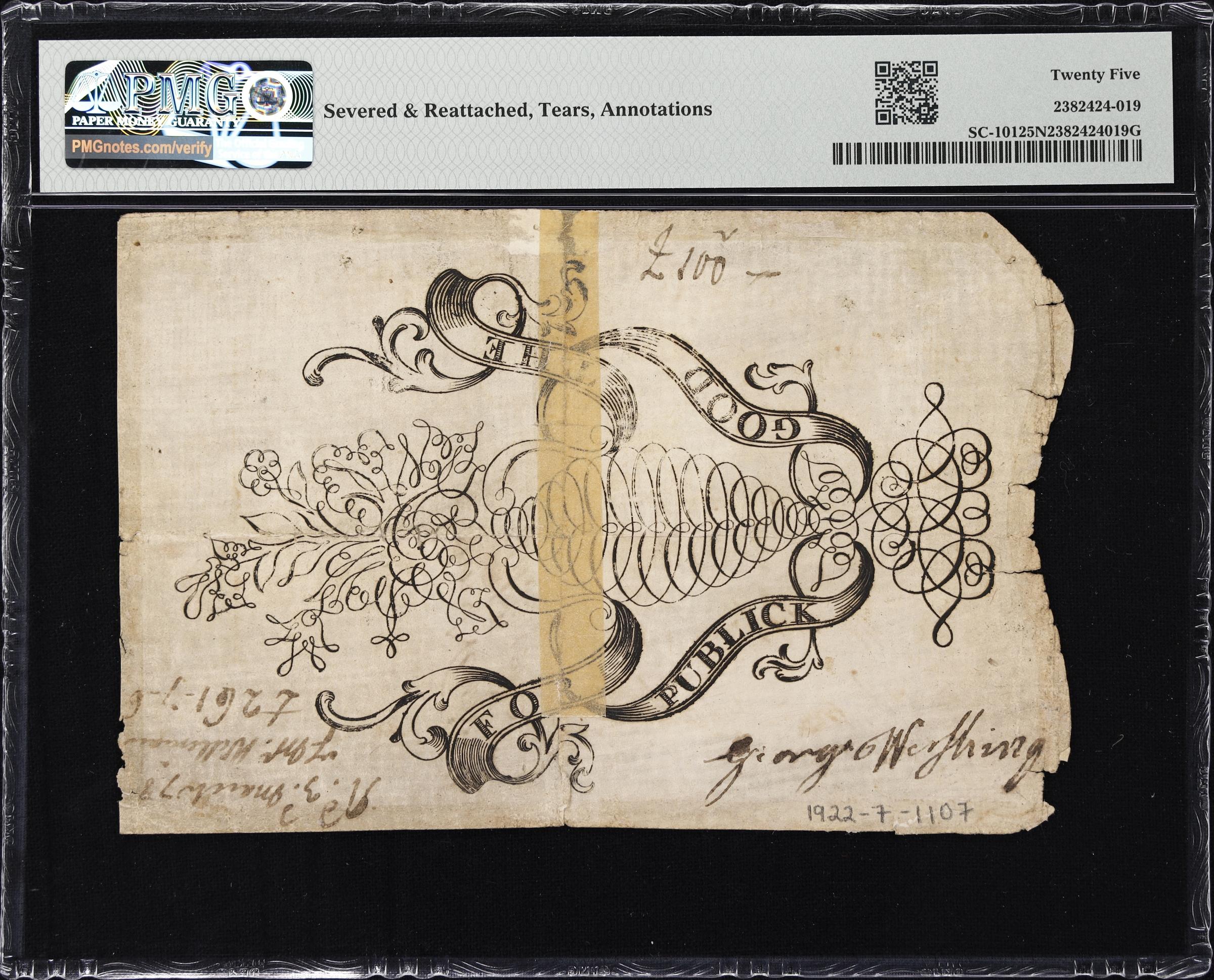 image for: SC-101. South Carolina. June 1, 1775. 50 Pounds. PMG Very Fine 25 Net. Severed & Reattached, Tears, Annotations.