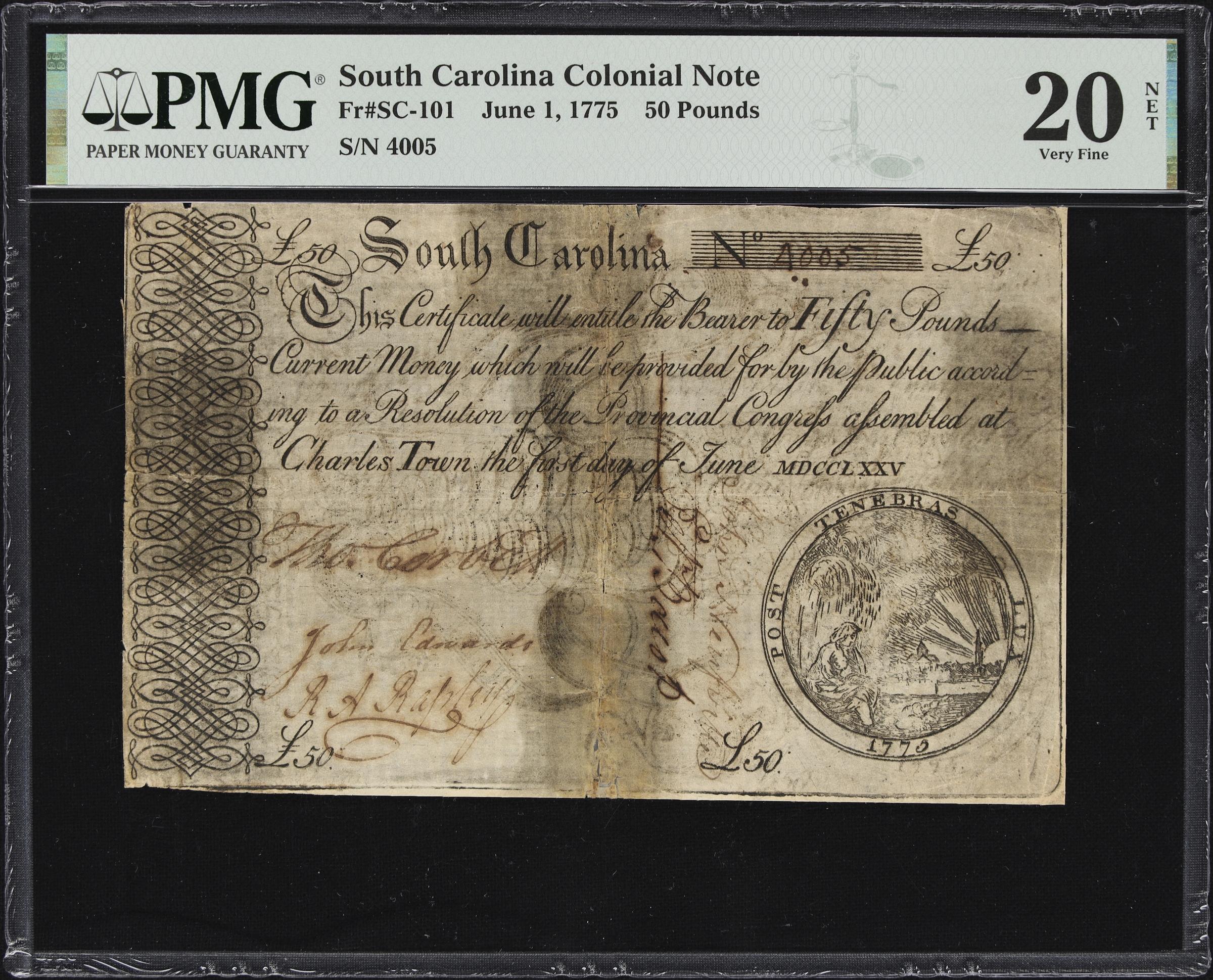 image for: SC-101. South Carolina. June 1, 1775. 50 Pounds. PMG Very Fine 20 Net. Tape Repairs, Thinning.